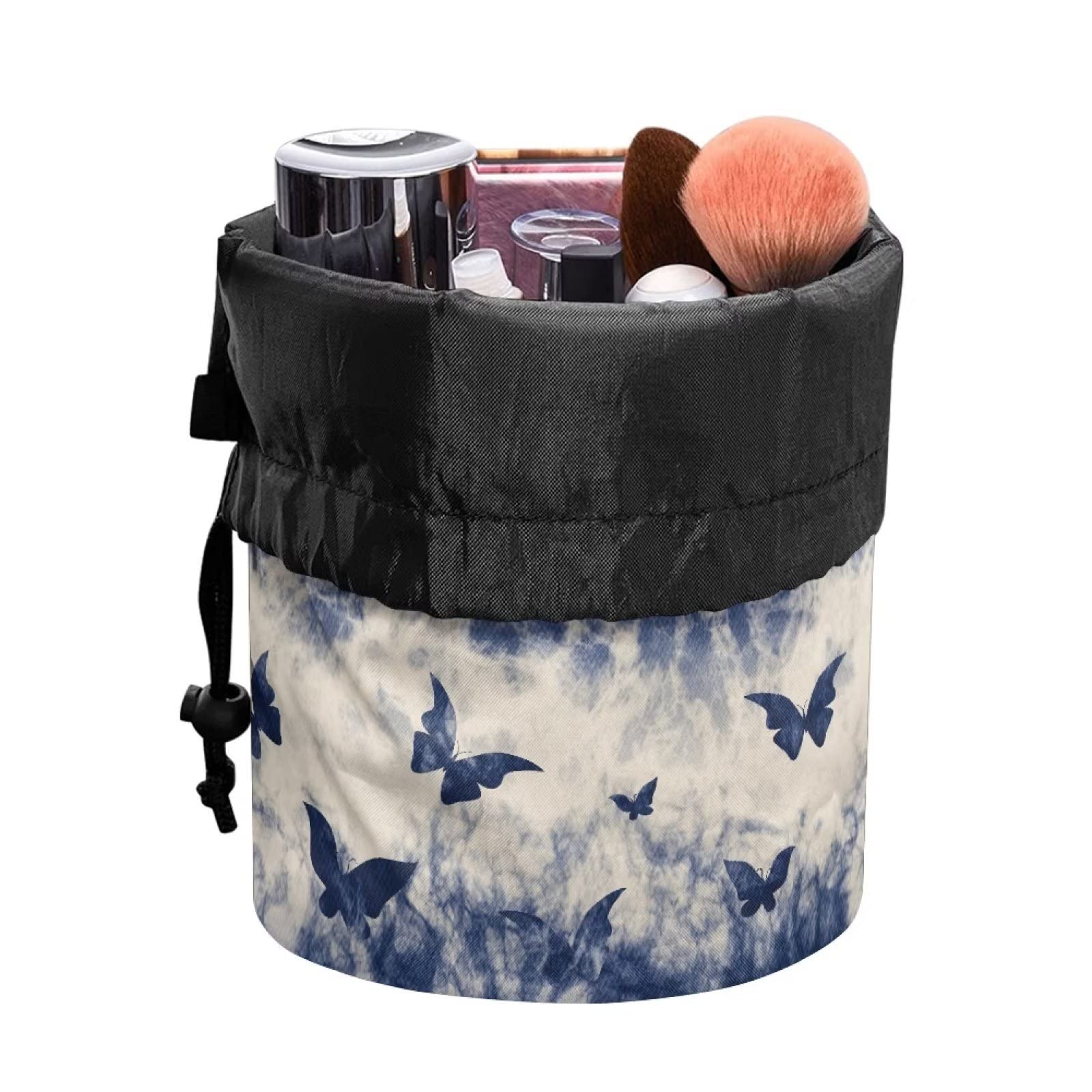 COEQINE Wome Blue Butterfly Pattern Makeup Drawstring Bags with 3 Elastic Bands and 3 Mesh Pockets for Travel - Image 2
