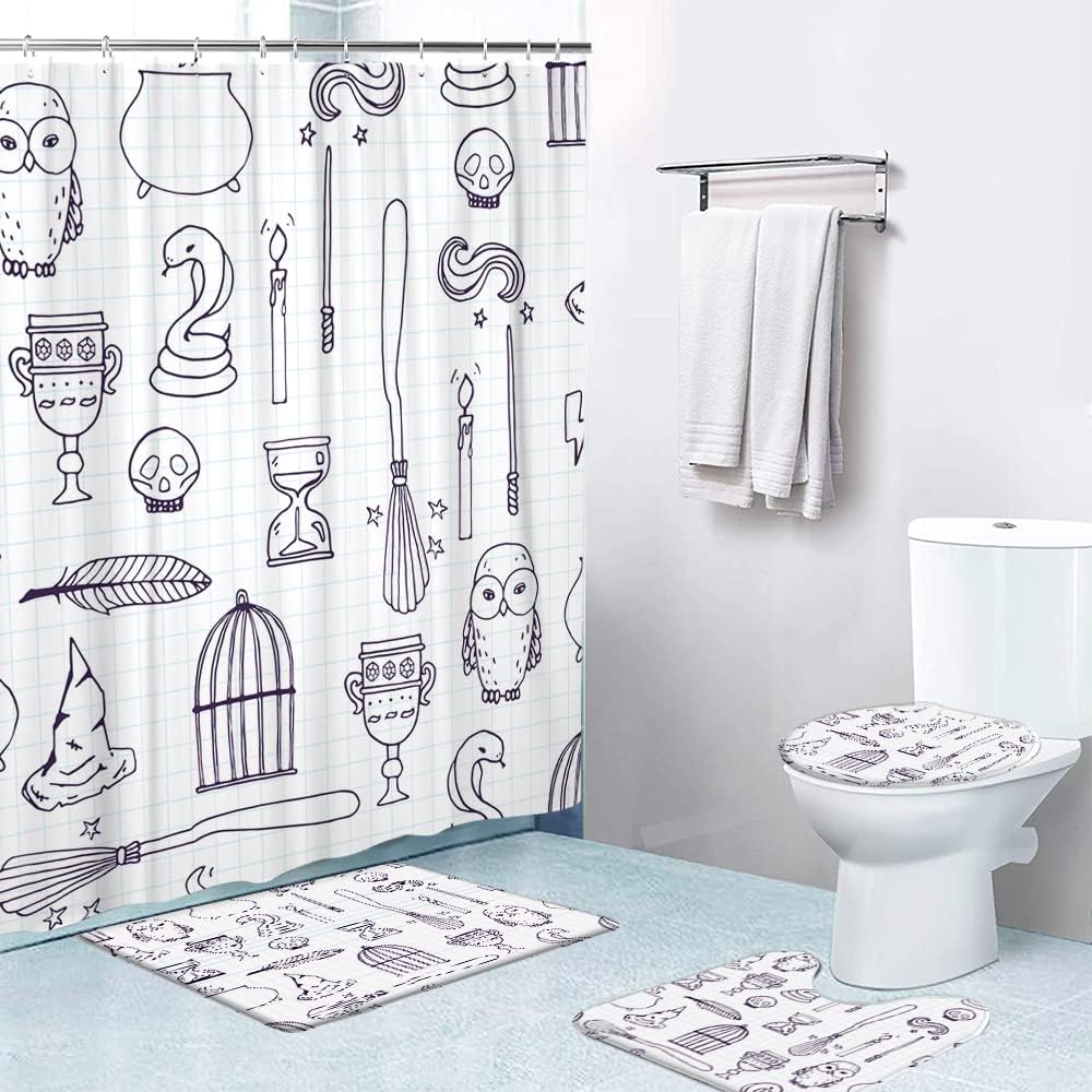 LOKMU 4 Pcs Shower Curtain Sets with Non-Slip Rugs, Toilet Lid Cover and Bath Mat,Animal Cat Tuxedo Baby Black Bow Character Waterproof Shower Curtain with 12 Hooks, Bathroom Decor Sets, 72" x 72"