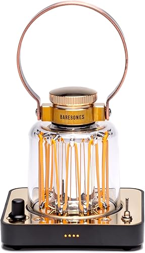 Barebones Linterna de torre de bloque linterna LED recargable con brillo ajustable, modo de parpadeo de vela, acabado de latón y cobre, luz portátil