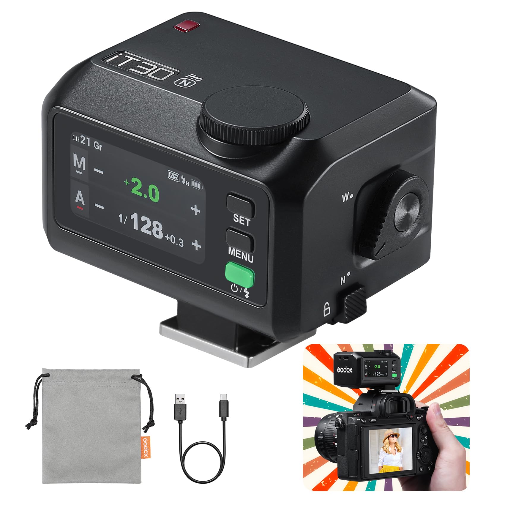 Godox iT30 Pro-N Pocket TTL Flash for Nikon Camera: 2.4G Wireless+Touchscreen (Equivalent to Built-in X3 Trigger), Li-ion Battery, HSS 1/8000s, 560 Flashes, Built-in Diffuser for Portrait Photography