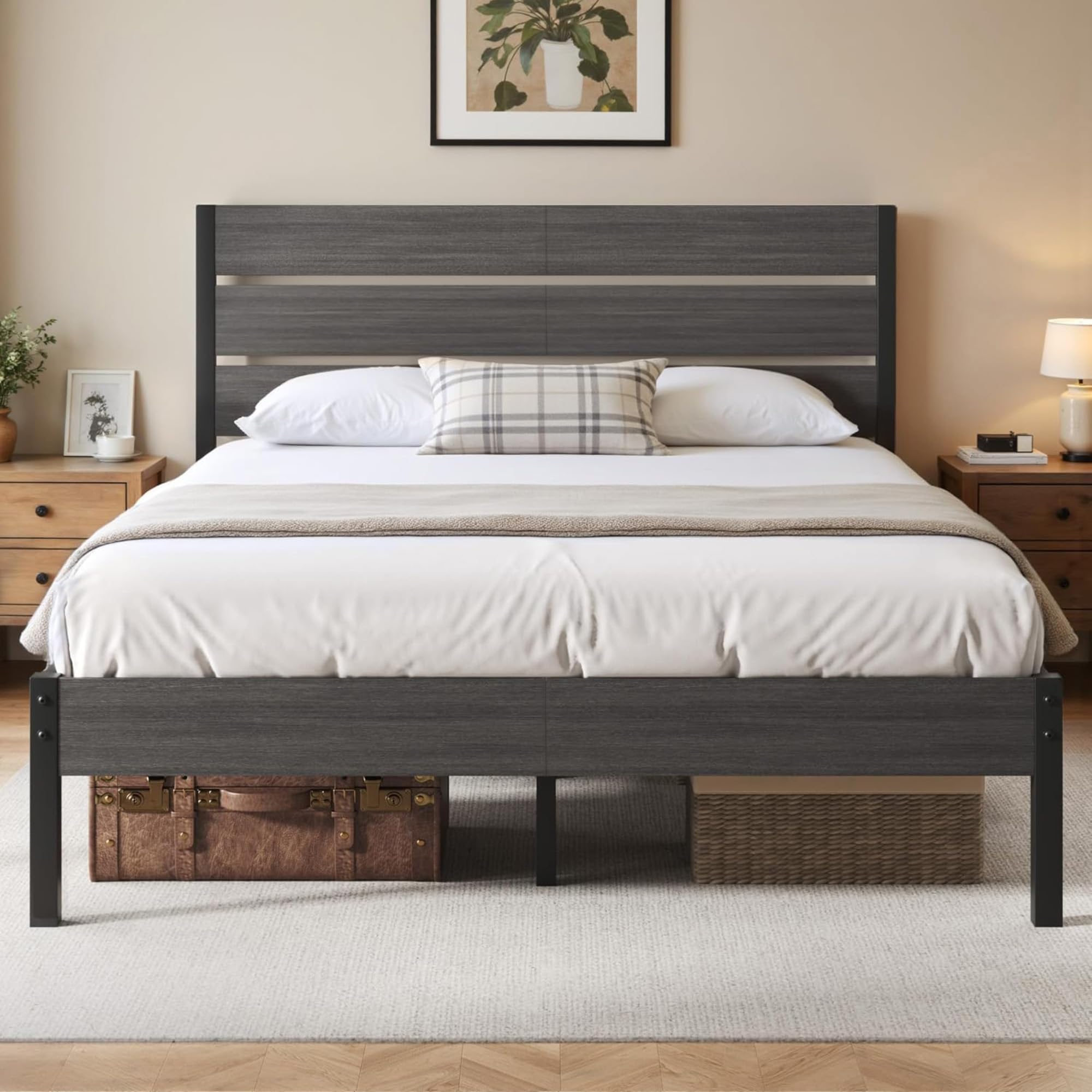 Fluest Queen Bed Frame with Headboard and Footboard, Metal Platform Bed Frame with Under Bed Storage, All-Metal Support System, No Box Spring Needed,