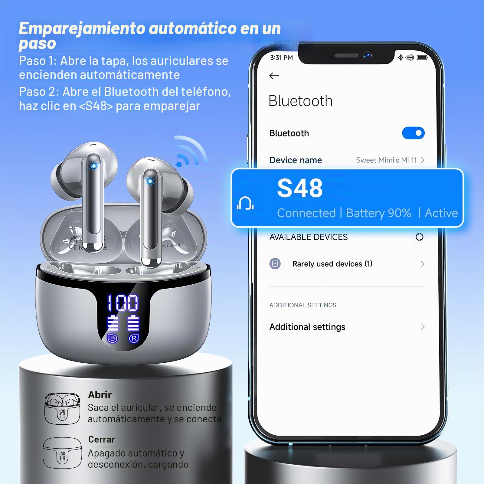 Auriculares Inalambricos Bluetooth Cascos Inalámbricos con HiFi Estéreo,4 Mic con Reducción de Ruido ENC,Bluetooth 5.3,48H Playtime,Impermeable IPX7,Pantalla Pantalla de energía LED Gris