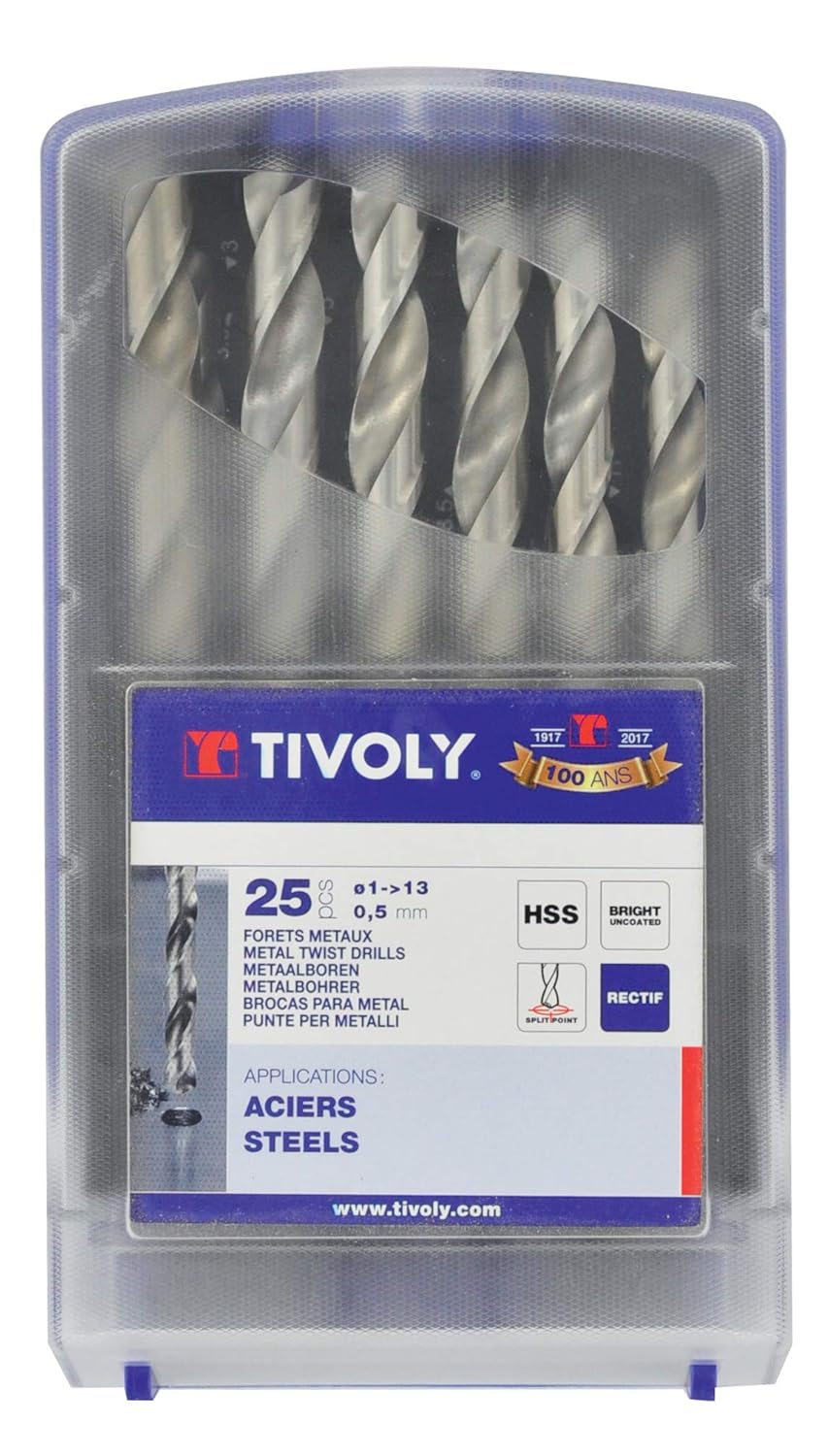 TIVOLY - 25-Piece Metal Drill Bit Set HSS Ground - Drilling Standard Steels - Self-Centering Tip - Ø1/25 to Ø17/32 in 1/50" increments
