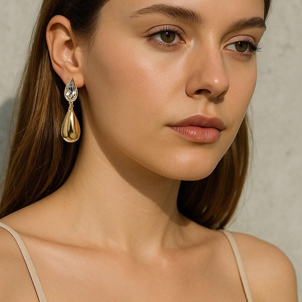 Teardrop Gold Drop Earrings for Women Dangle Statement Earrings with Cubic Zirconia Jewelry Gifts for Her - Image 2