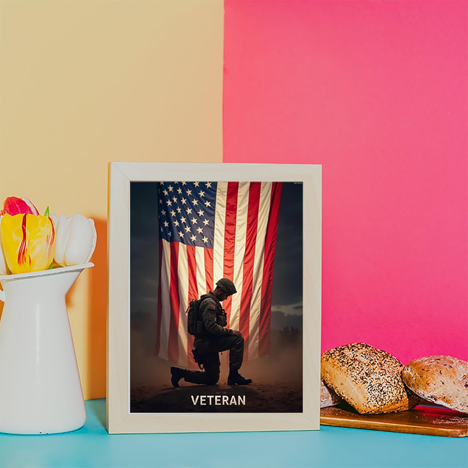 Diamond Art Kit for Adults, American Soldier Kneeling Flag Background Diamond Painting for Adults Beginners, DIY 5D Diamond Art Painting Kits Craft for Home Wall Decor 12x16 Inch Frameless