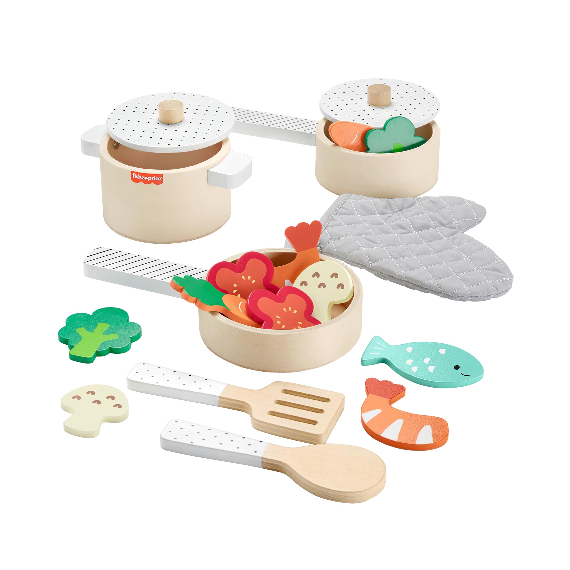 Fisher-Price Set de Cocina de Madera, Juguete de imitación con 19 Piezas Fabricadas con Material Certificado FSC, Juego Inspirado en Montessori, +3 años (HXT83)