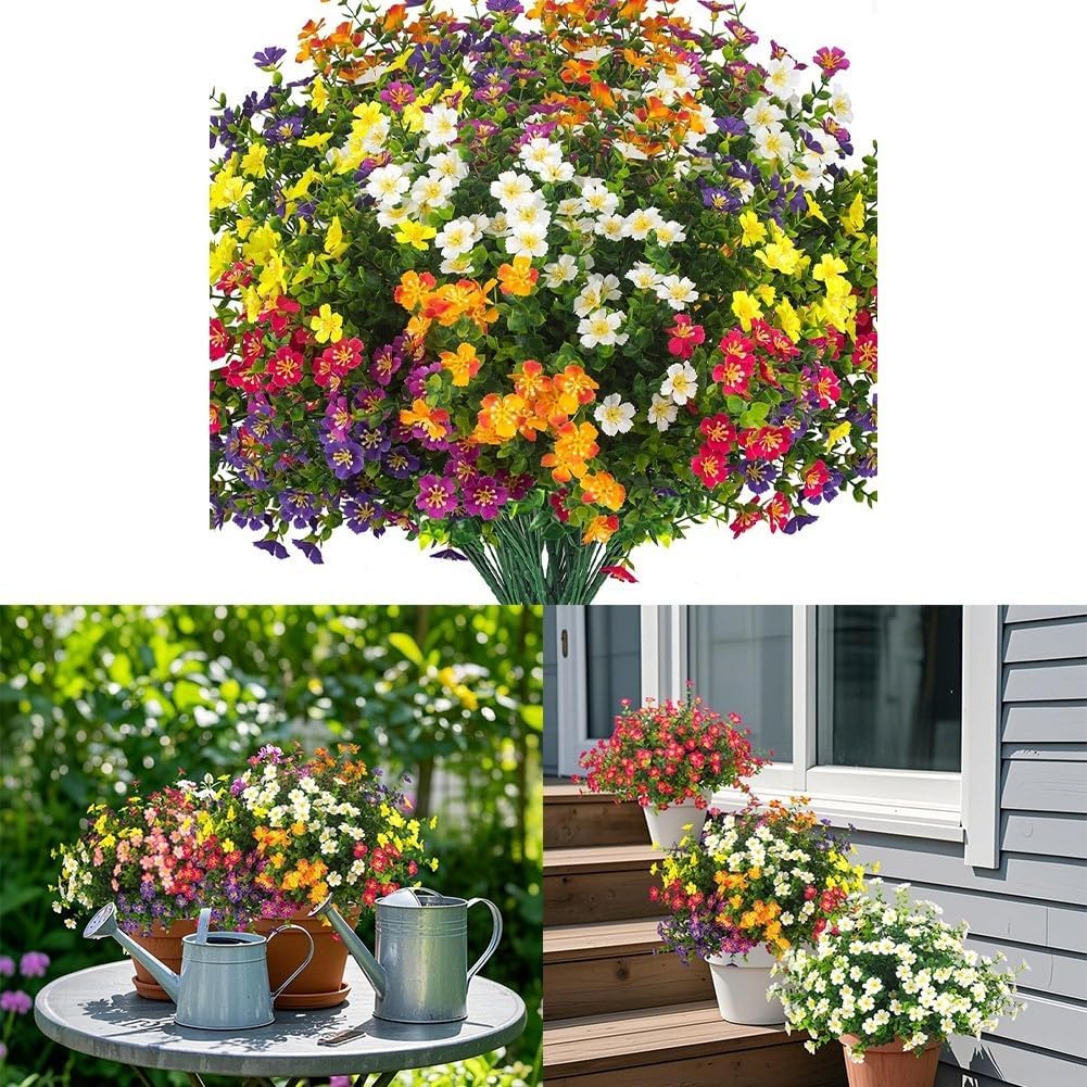 Outdoor Artificial Flowers 12 Pack Made from Plastic for Year Round Display on Decks Patios and Lawns (mixed colors)