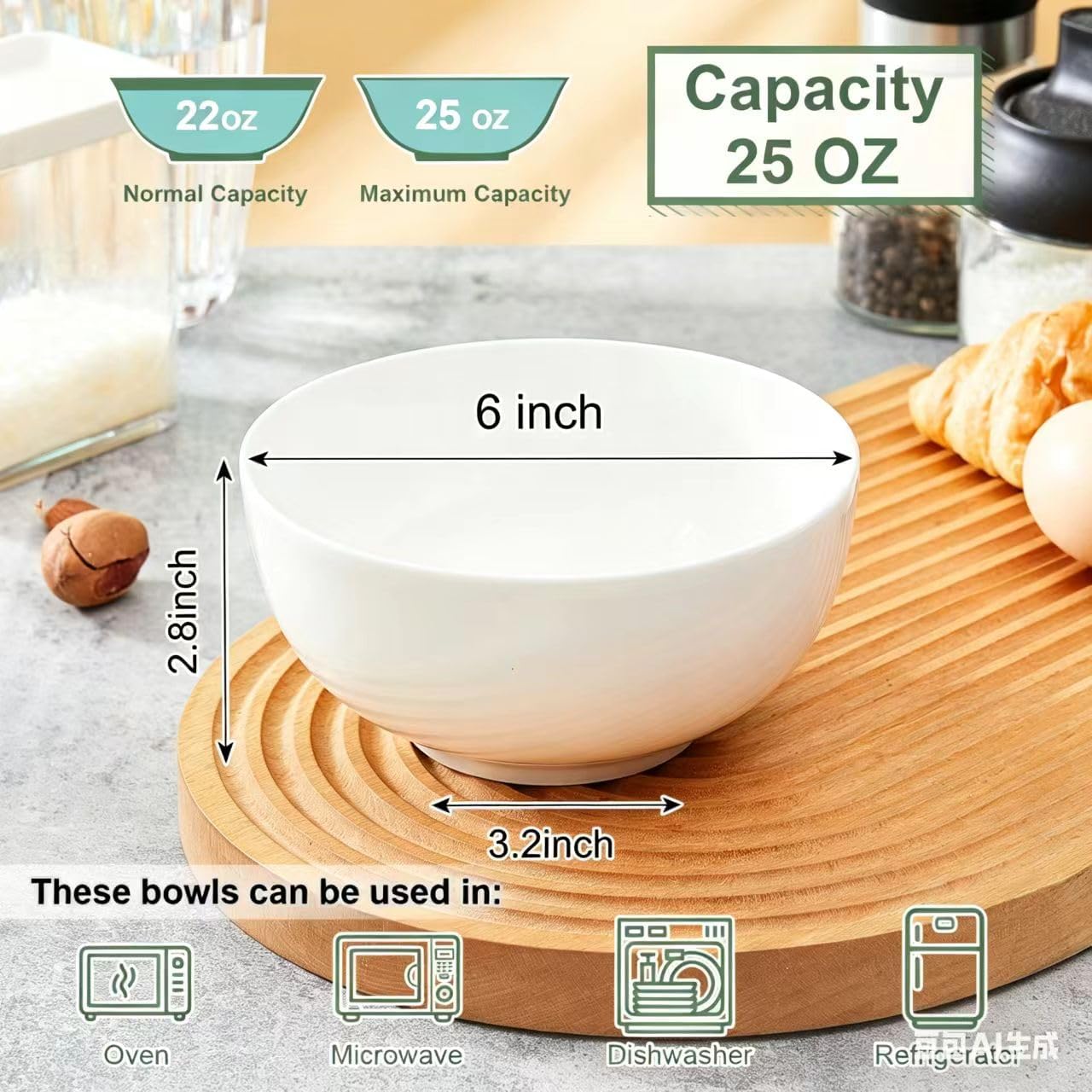 AntoKueh Off-white Ceramic Bowls 6 in, 25Oz round Large Cereal Bowl set of 6, Deep Porcelain Bowls for Cereal, Salad, Noodles, Dishwasher/Microwave safe image 2
