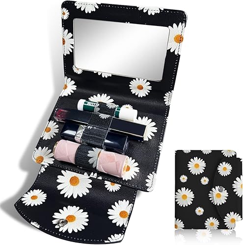 Miniatura 7 de LAOTANGJIA Estuche para lápiz labial de PU con espejo, con capacidad para 4 lápices labiales largos, organizador de lápices labiales, bolsa de