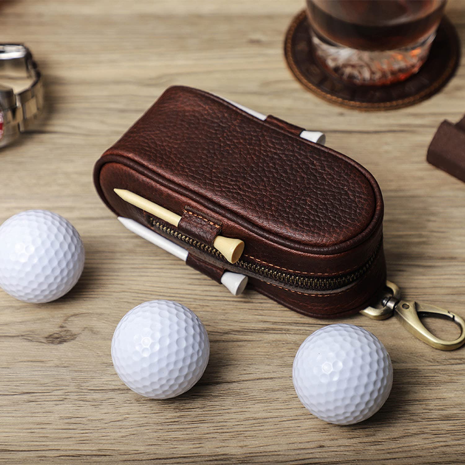 Golfballtasche aus genarbtem Echtleder, Vintage-Design, handgefertigt, ohne Logo, tragbar und hält bis zu 3 Bälle und 4 Tees, Golf-Zubehör, Geschenk für Mann und Frau