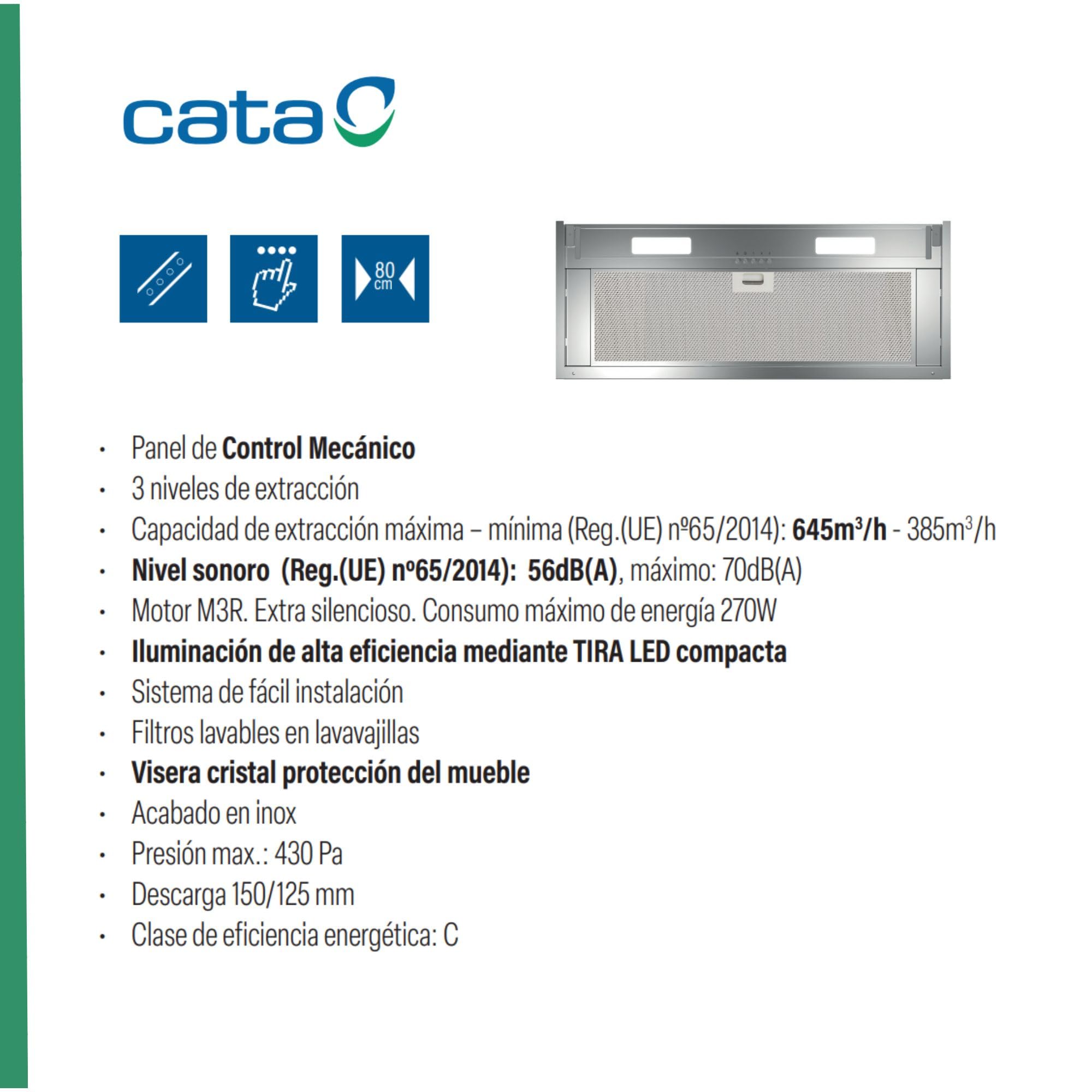 Cata Campana Extractora Armonia 80 X Panel de Control Mecánico 3 Niveles de Extracción Sistema de Fácil Instalación Motor Extra Silencioso Potencia 276 W Ancho 72,1 cm Color Inox
