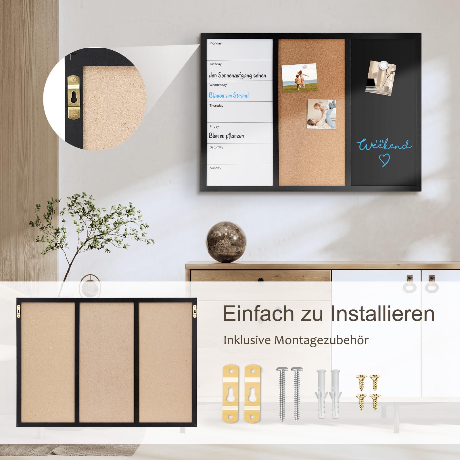 Kombitafel mit Magnetische Kreidetafel Whiteboard Kalender und Pinnwand Kork 50 x 70 cm Pinnwand Küche Magnettafel Memoboard