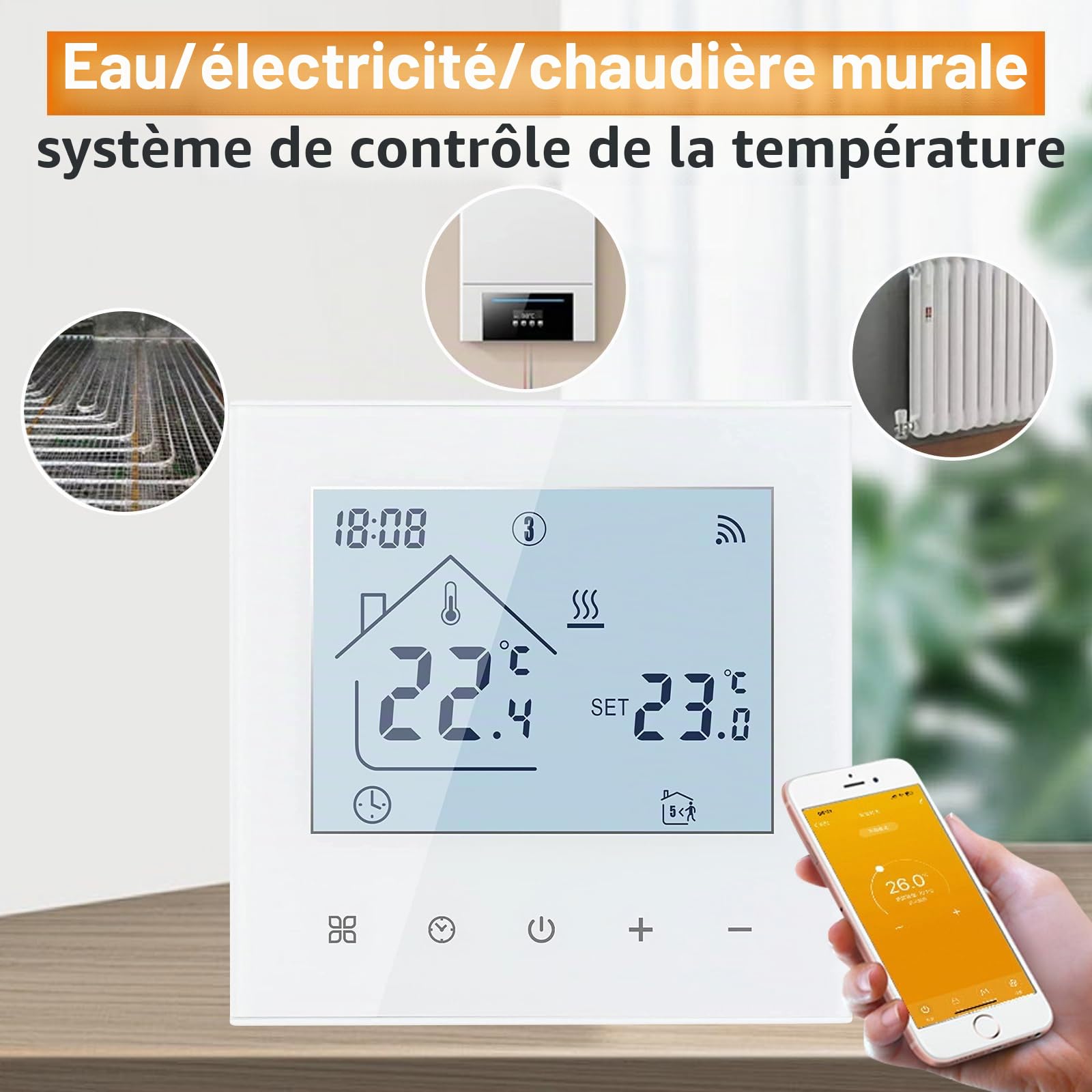Thermostat WiFi intelligent chauffage électrique 16 A, écran tactile, régulateur 230 V, compatible Alexa Google Home, blanc