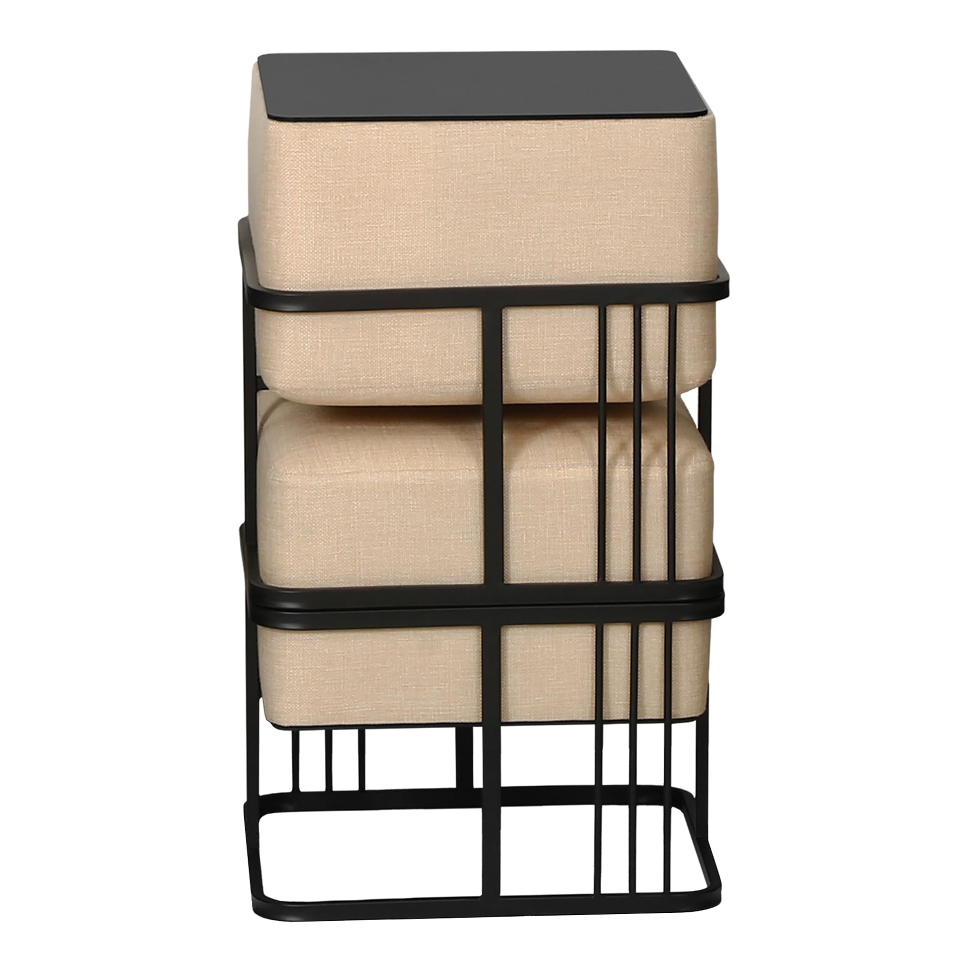 [en.casa] Puff Tas Juego de 2 Taburetes Apilables Reversibles Reposapiés Silla Tocador Diseño 2 en 1 Asiento Acolchado Tablero de Mesa Cuadrado MDF Metal 38x38x38 cm Beige