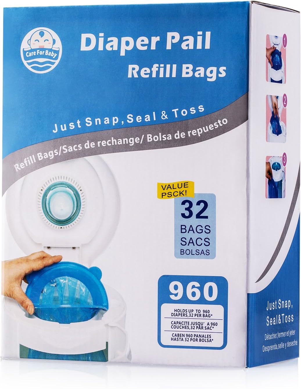 Careforbaby Diaper Pail Refill Bags (960 Counts) Fully Compatible with Arm&Hammer Disposal System - 32 Bags