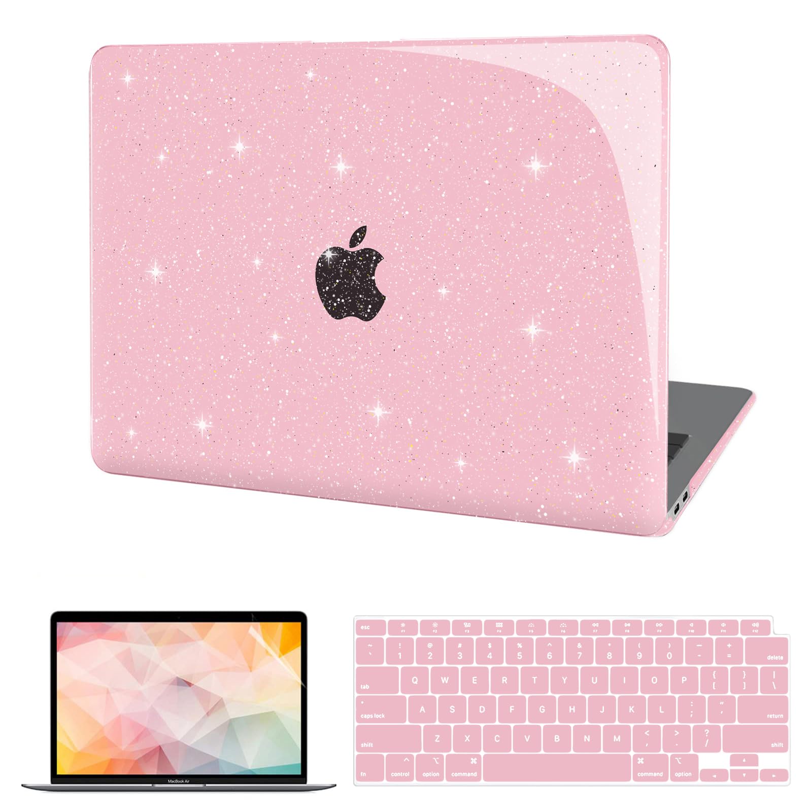 ZAOJUPCompatible with MacBook Air 13 Inch Case 2021 2020 2019 2018 Release M1 A2337 A2179 A1932 Retina Display, Sparkly Hard Shell Case + 2 Keyboard Cover + Screen Protector, Glitter Pink