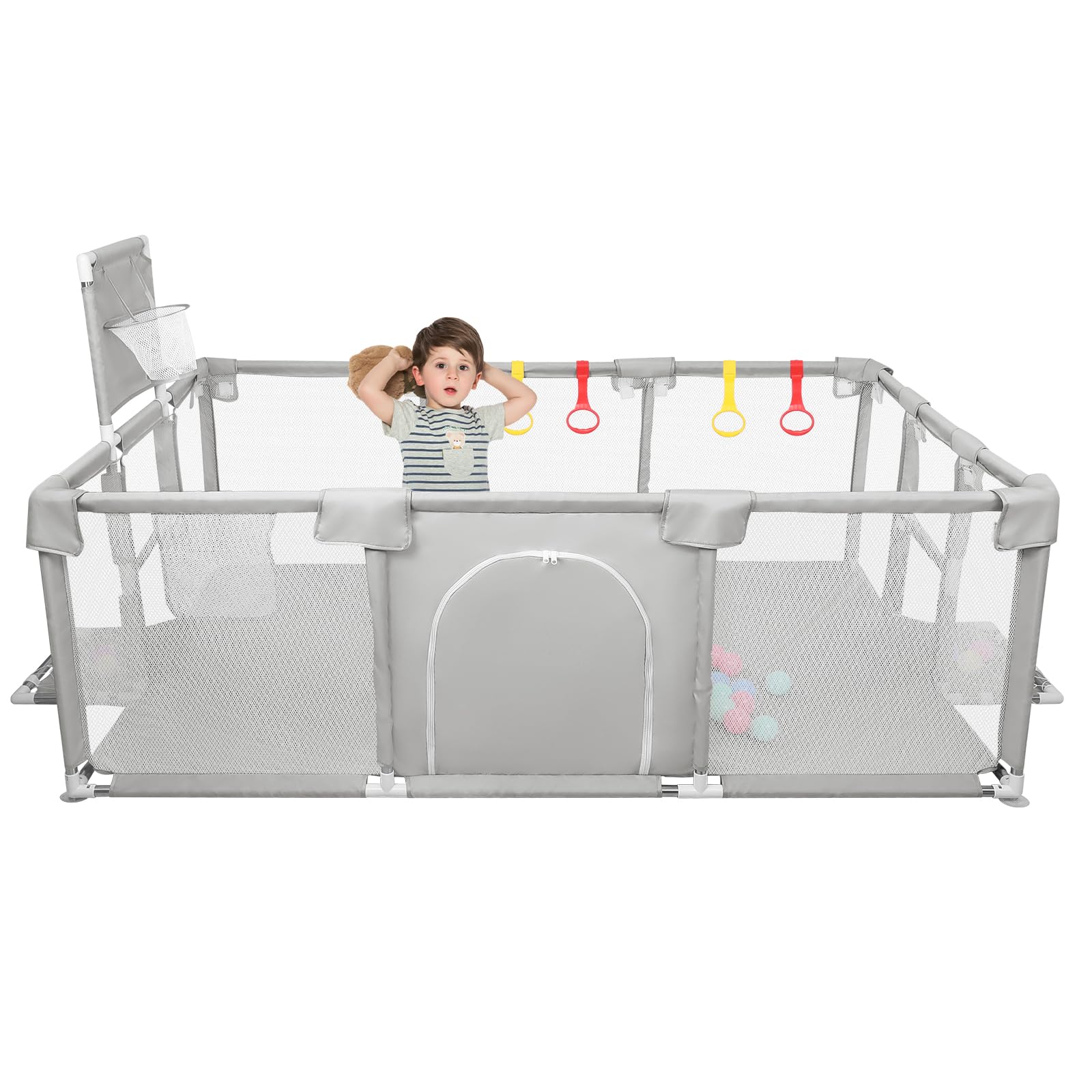 Parque XXL plegable modulable para bebés con barreras / redes / pelota oceánica / 4 asas, Playpen extra grande para bebés y niños pequeños, 180 x 120 x 66 cm, gris claro