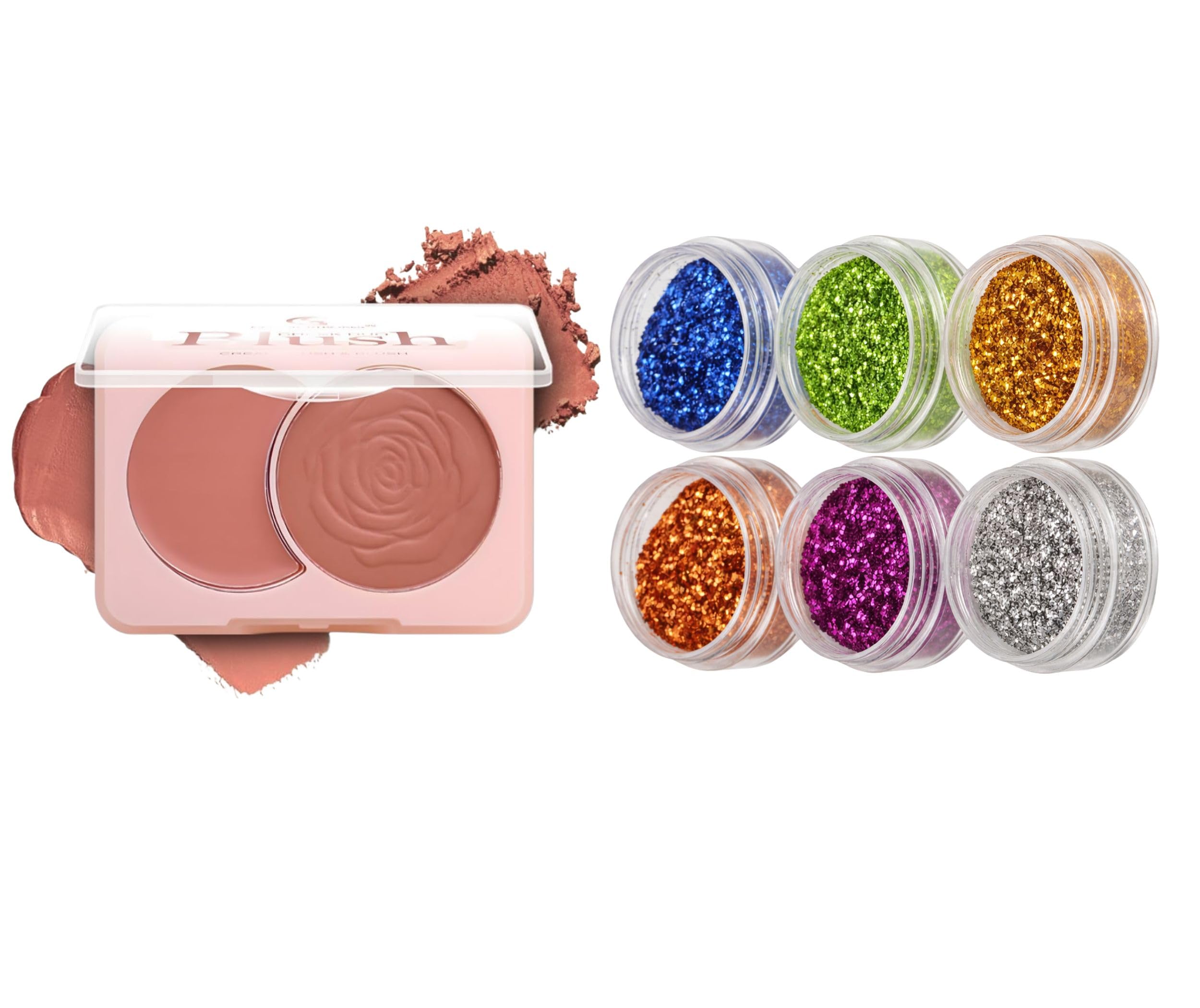 2-in-1 Cream and Powder Blush Palette with 6 Colors Chunky Loose Glitter Jars Set | Long Lasting Face Blush Duo & Multi-Color Metallic Eye Glitter Pots Makeup Combo for Women (Pack of 7)-image-31