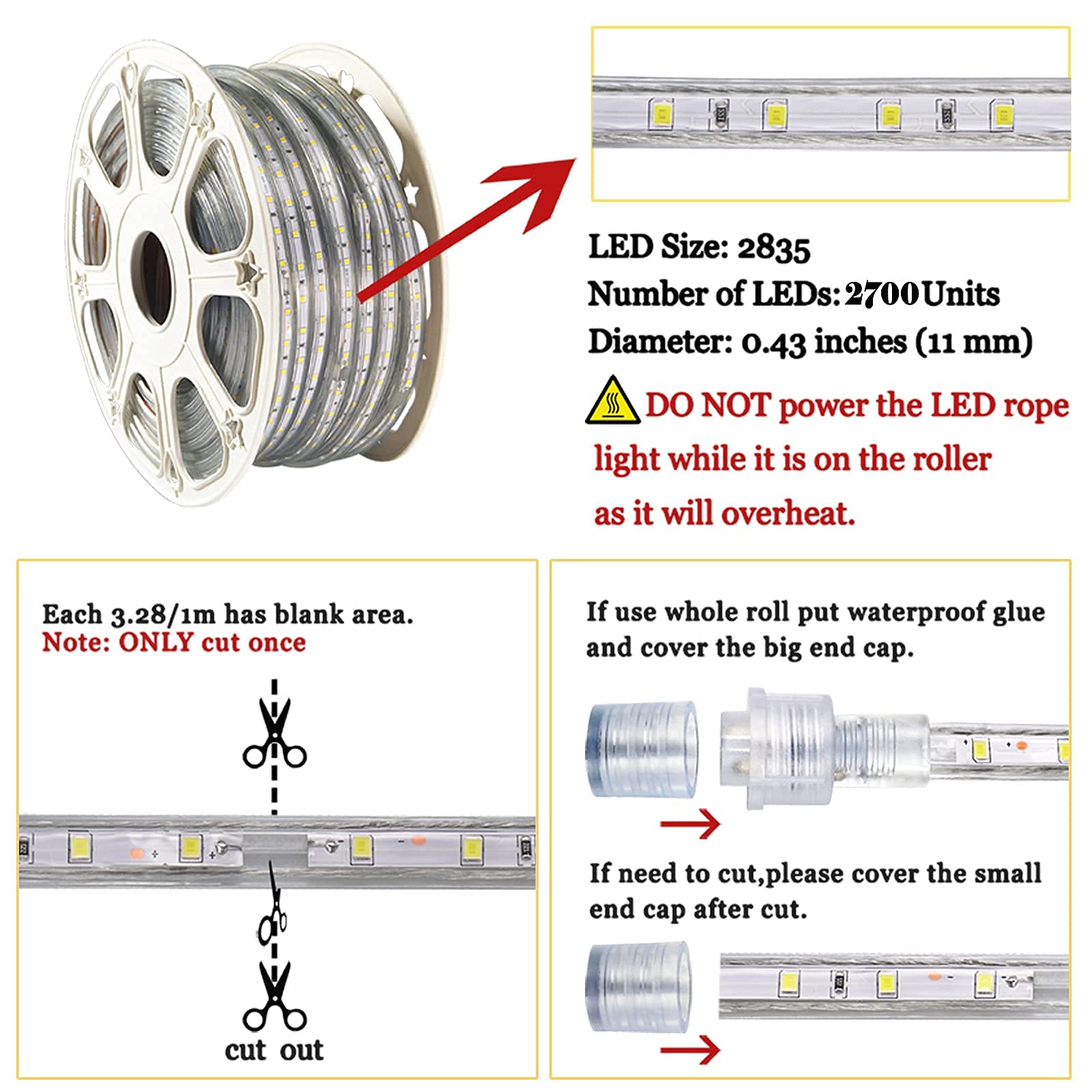 SURNIE 150ft LED Rope Lights Outdoor Waterproof 110V Daylight White