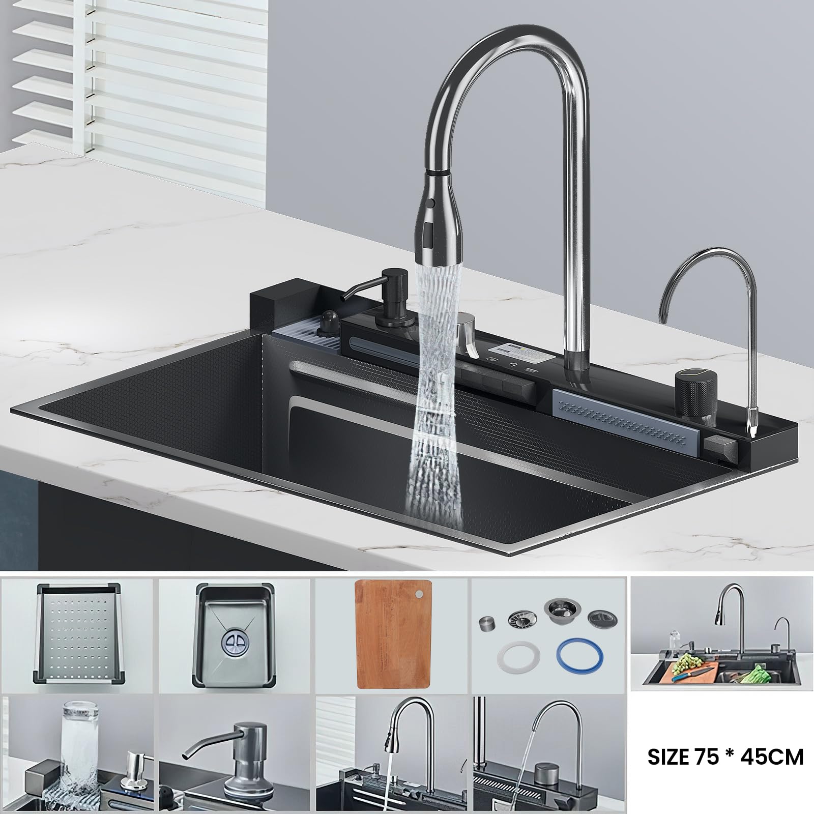 Fregadero de cocina, fregadero de cocina inoxidable con escurridor, pantalla LED, grifo cascada, doble riel deslizante, dispensador de jabón, para hogar y profesional, 75 x 45 cm