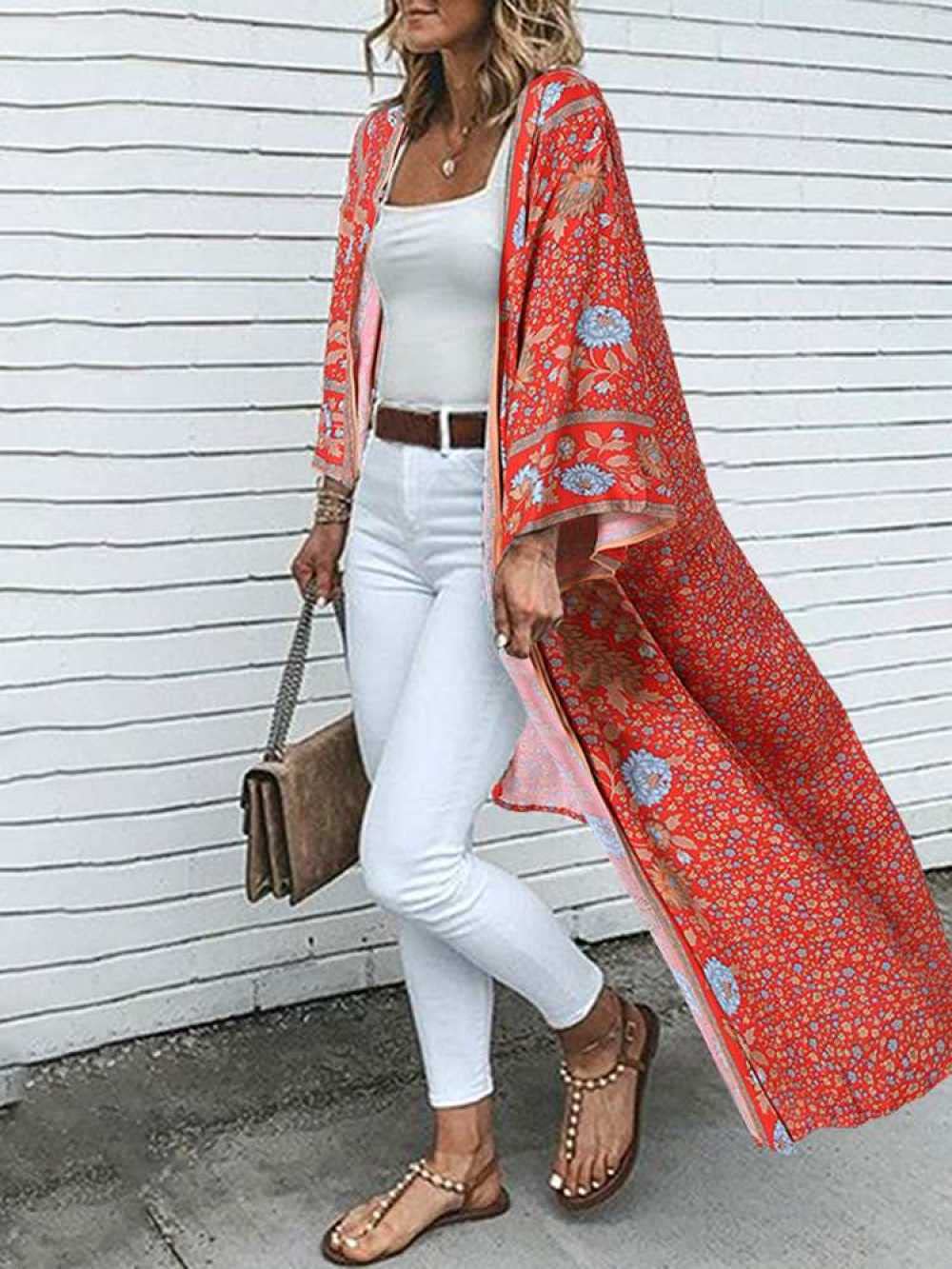 Strickjacken Für Damen,Boho Damen Blumendruck Rot Chiffon Blusen Schal Kimono Cardigantunic Shrugs Party Tops Casual Beach Bikini Cover Ups Leichte Cardigans Mit Offener Vorderseite Für Mädchen Dame