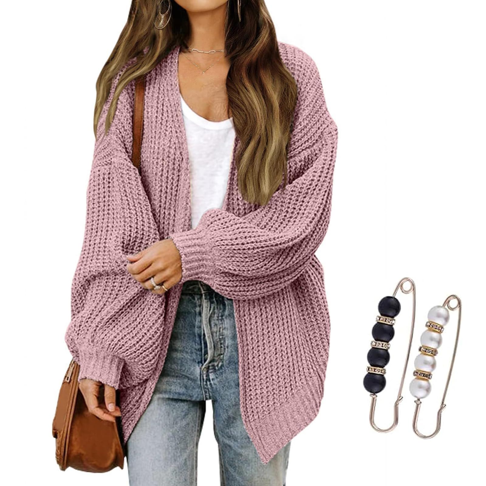Nbzsmlkn Women's Pink Cardigan Sweaters, Oversized Cardigans Long Lantern Sleeve Chunky Knit Loose Fall Sweater Coats,Casual Open Front Outwear Knitwear Coat (,Xl)
