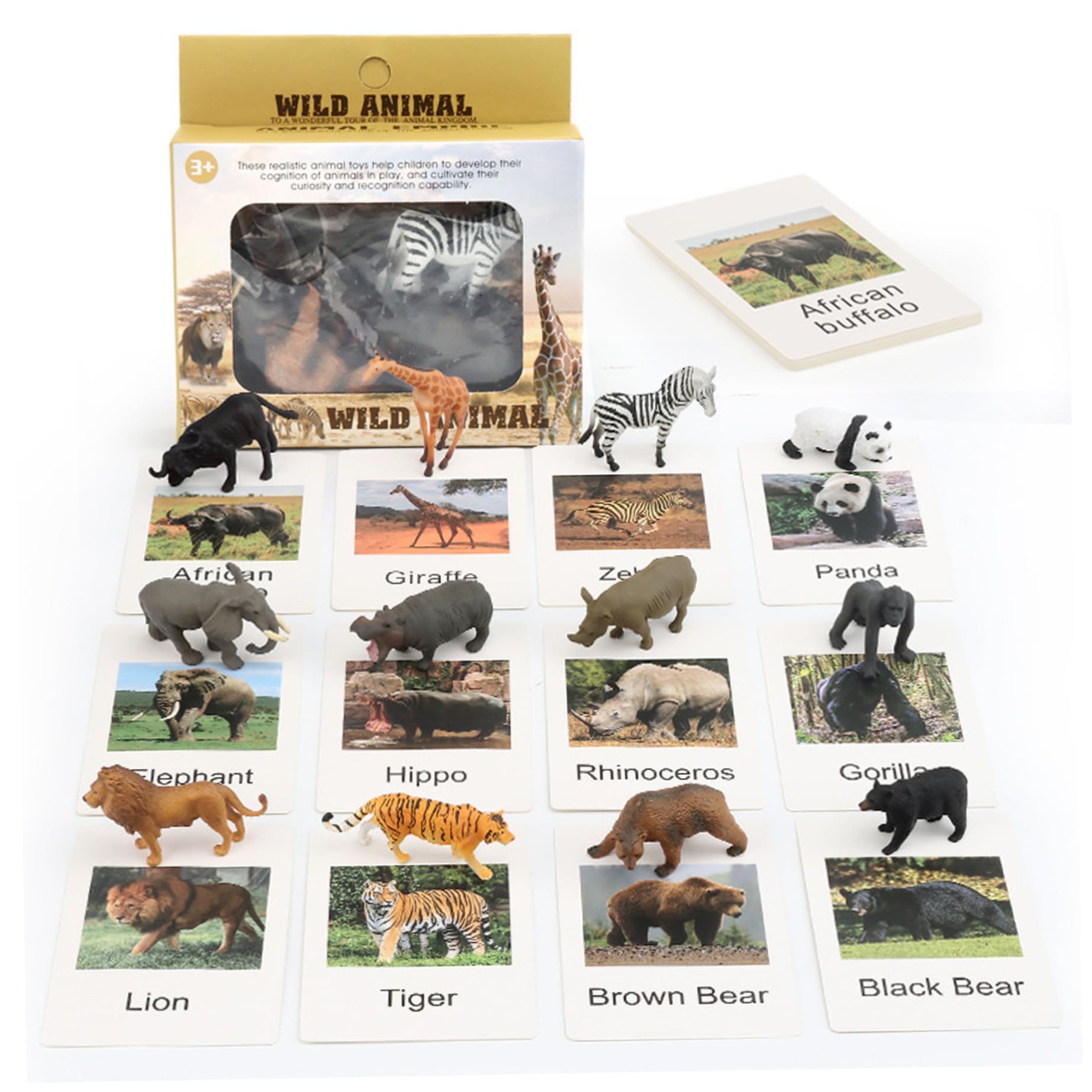 Juego de 24 Piezas Montessori de Animales, Juego Educativo de emparejamiento con Animales Salvajes simulados y Tarjetas en inglés, de emparejamiento para niños pequeños, Juguetes de aprendi