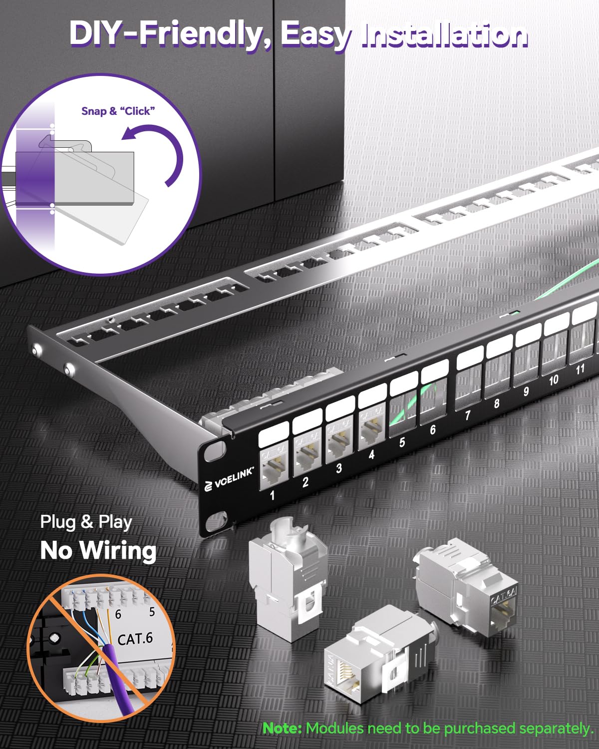 VCELINK Juego de paneles de conexión de 24 puertos modular en pulgadas + 24 módulos Keystone RJ45 compatibles con CAT6a