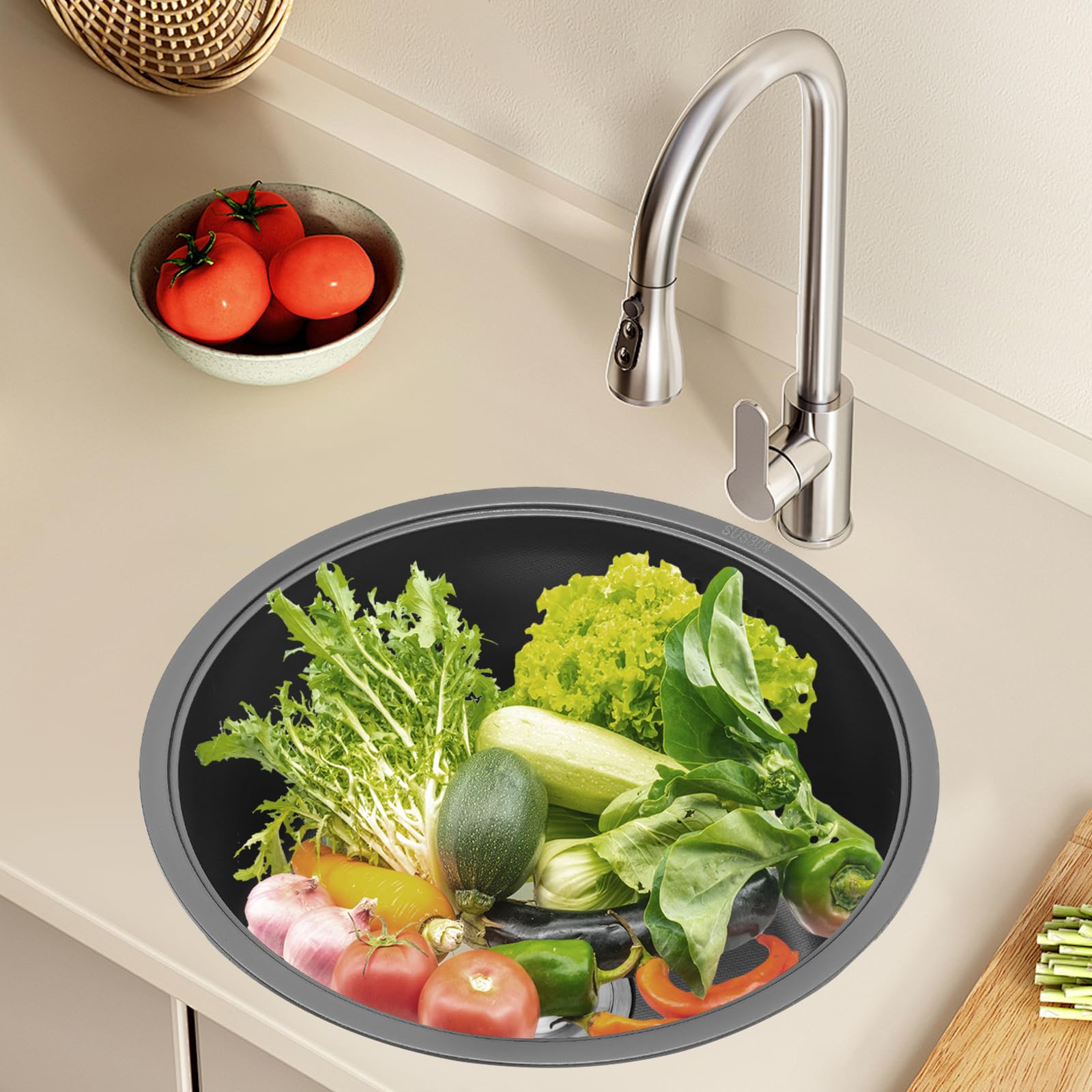 Fregadero de cocina redonda acero inoxidable 304 nano-revestimiento con cesta y tapa, bandeja de vajilla empotrable diámetro 40 cm fregadero bar camping hotel negro moderno