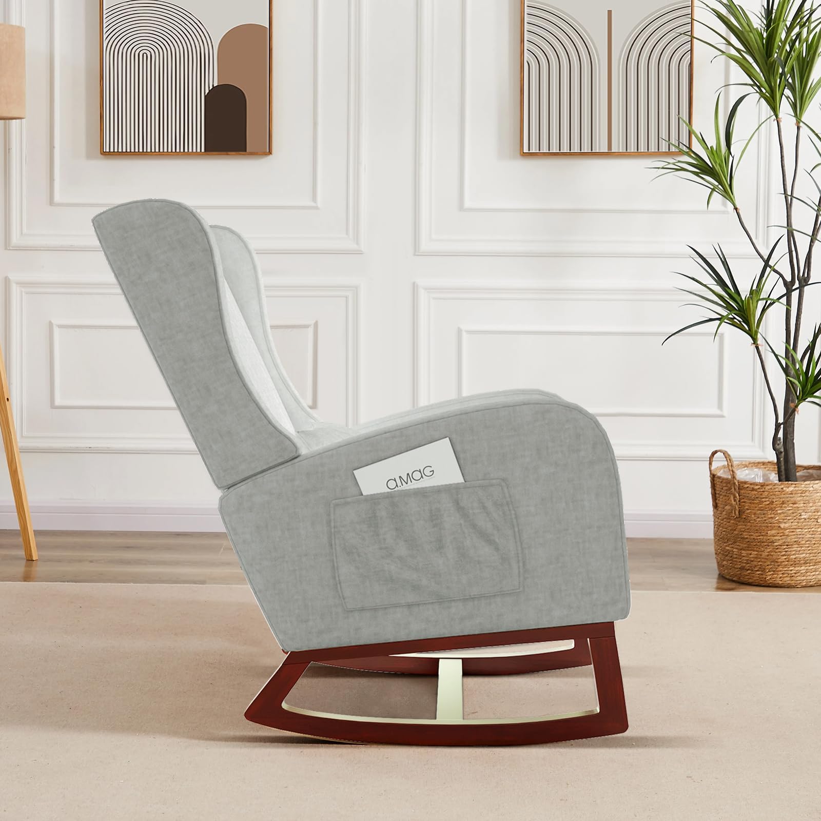 Silla Mecedora con reposabrazos y Bolsillos Laterales, Patas de Madera Maciza, Silla de relajación para Lactancia, Adecuada para Sala de Estar y Dormitorio, con cojín Acolchado (Gris)