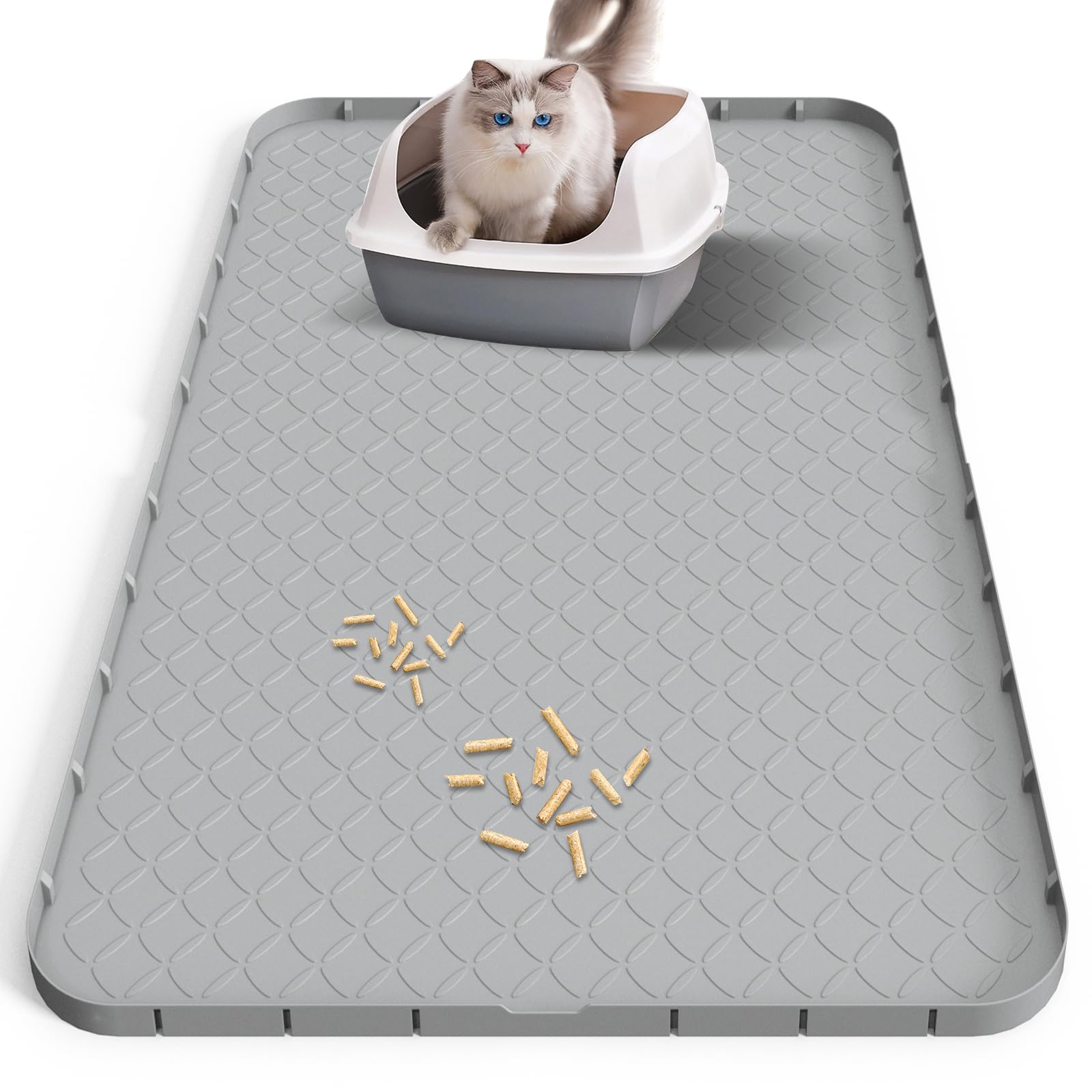 Tappetino per lettiera in silicone XXL 88 × 56 cm, impermeabile, antiscivolo e facile da pulire, tappetino extra per lettiera per gatti, grigio, zampe di gatto amichevole, per ciotola e lettiera per