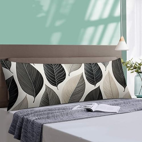 Miniatura 4 de Funda de almohada corporal moderna con rayas verticales, funda de almohada larga moderna con hojas blancas y negras, lavable a máquina con