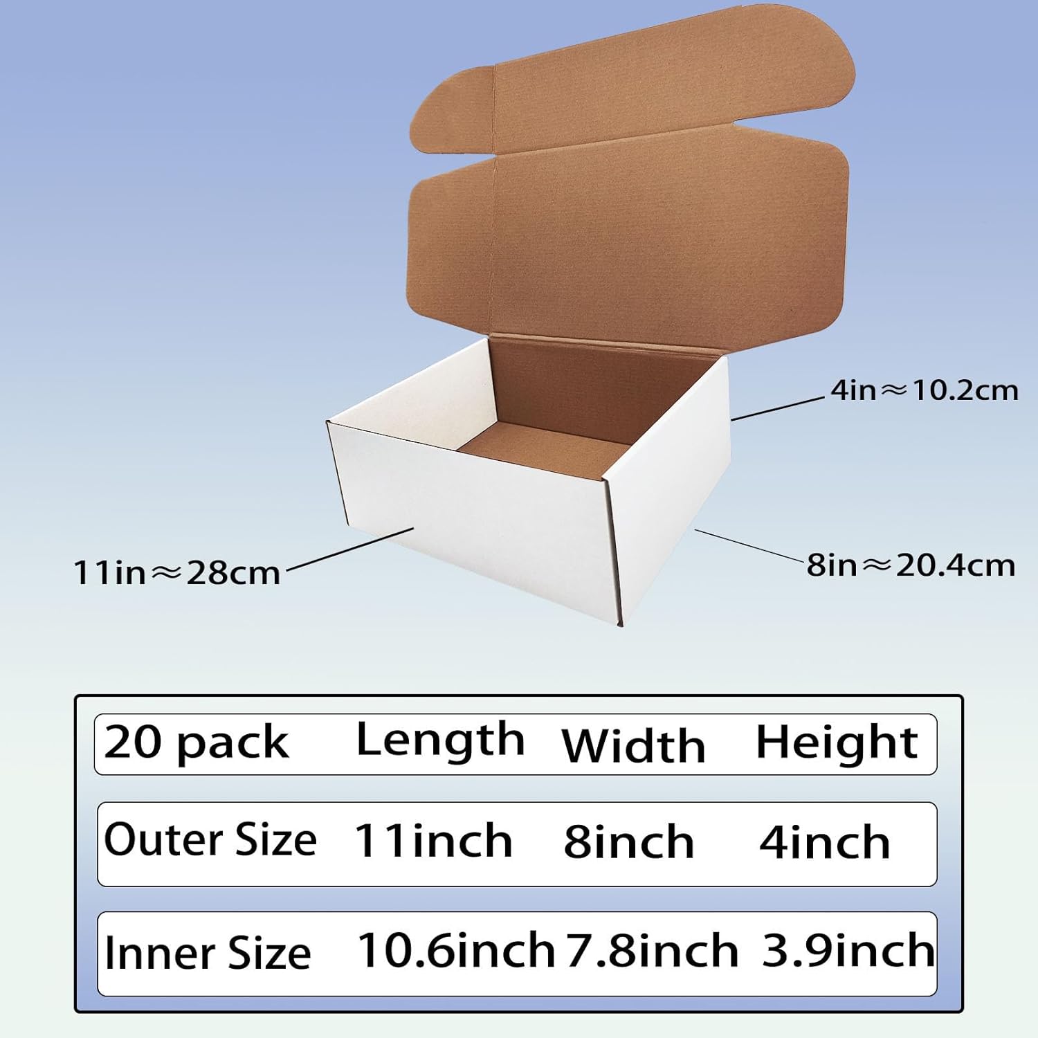 11 x 8 x 4 inch Shipping Boxes Set of 20， White Corrugated Cardboard Box Mailer Boxes for Packaging Small Business Shipping，Mailing Boxes Bulk for Birthday Wedding Party Book Literature Gift Giving
