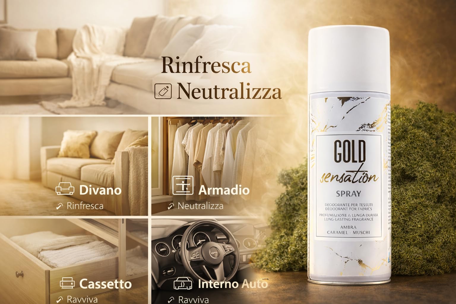 HOME PRO Gold Sensation Spray 6 x 400 ml – Desodorante Tejidos Higienizante Profesional – Perfume Ámbar Caramelo Musgos – Fragancia intensa de larga duración – Maxi repuesto
