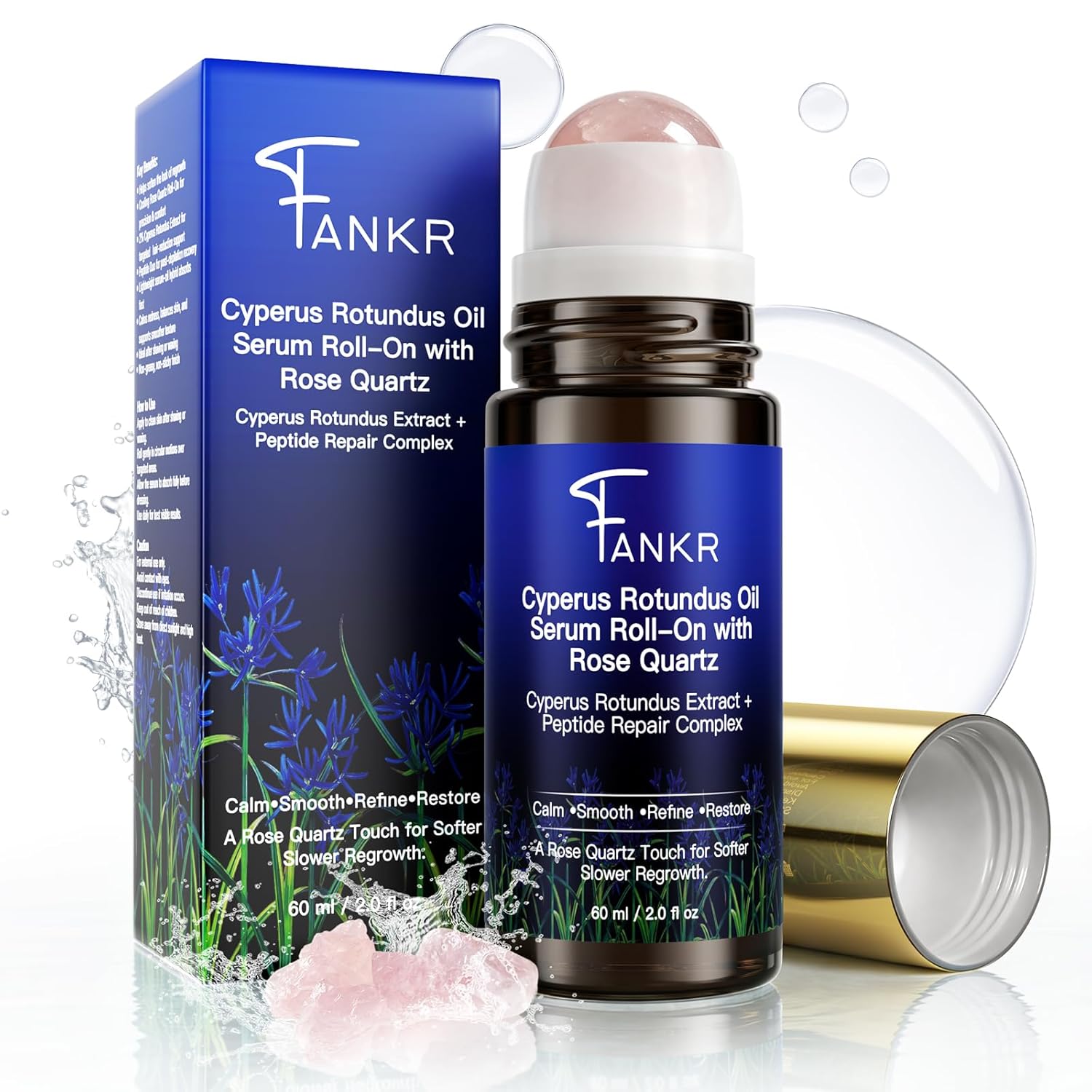 Cyperus Rotundus Oil Serum Roll-On with Rose Quartz, Targeted Post-Hair Removal Care, Helps Reduce the Appearance of Regrowth Over Time, Non-Greasy, 60 ml