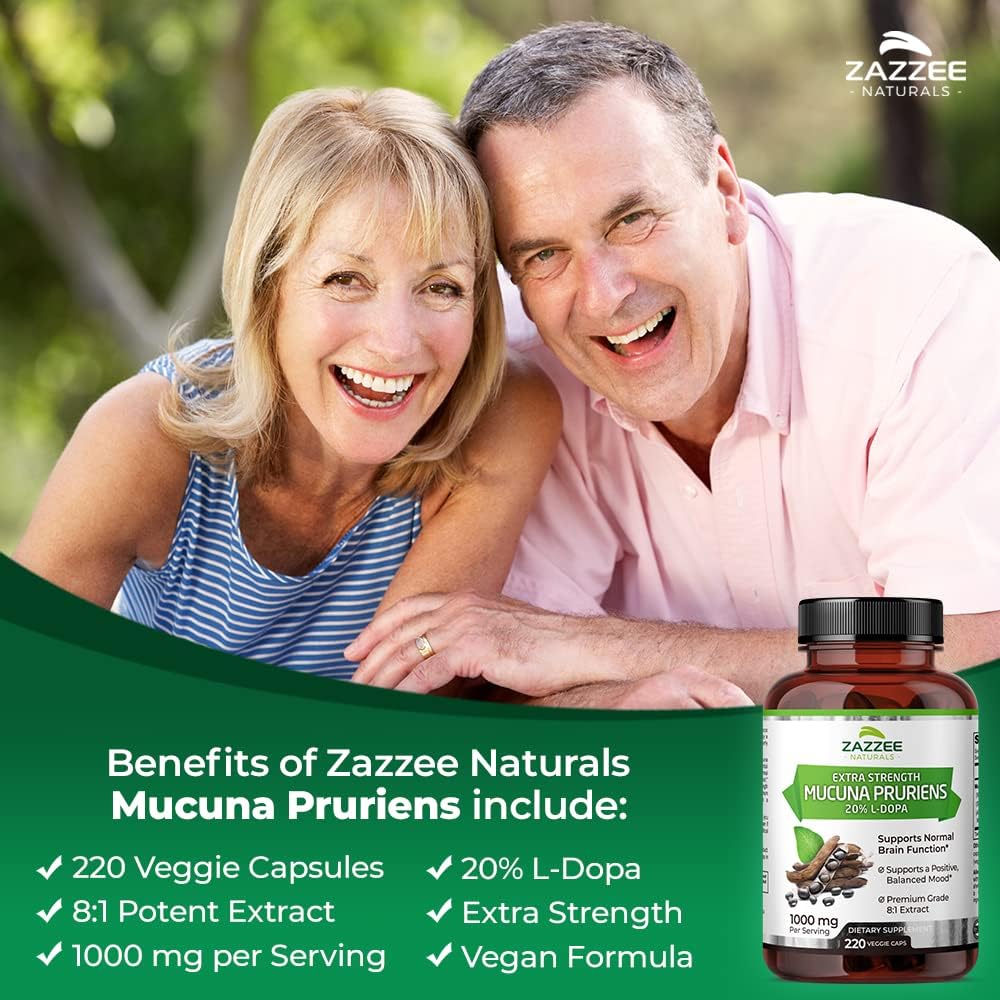 Zazzee Mucuna Pruriens 20% L-Dopa 8:1 Extract 1000 mg, 220 Vegan Capsules, Extra Strength, Potent 8X Standardized Extract, Non-GMO, Gluten Free and All-Natural