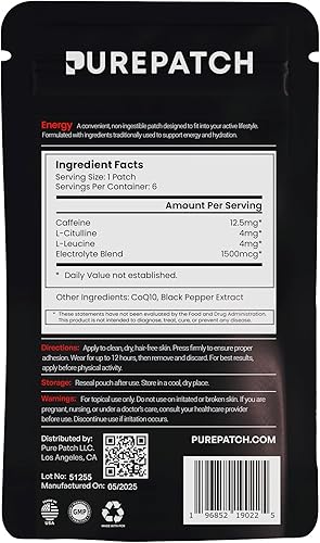 Miniatura 4 de Pure Patch Performance Topical Nutrition Patch - Aminoácidos, mezcla de electrolitos, cafeína, energía y suplemento de recuperación activa, parche