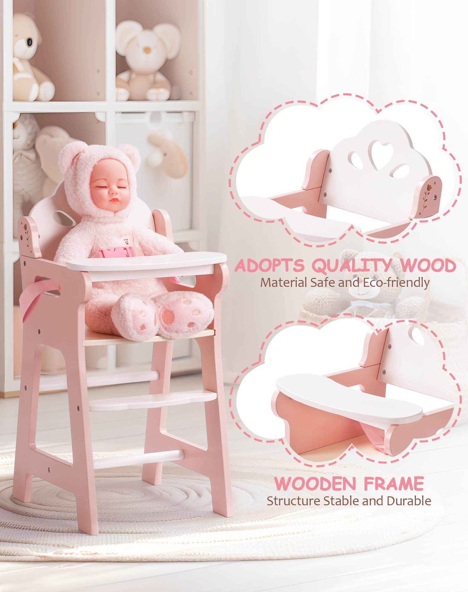 ROBUD Seggiolone per Bambini con Cintura di Sicurezza Regolabile, Tavolo e Poggiapiedi per Bambole fino a 18", Giocattolo dai 3+ Anni Rosa