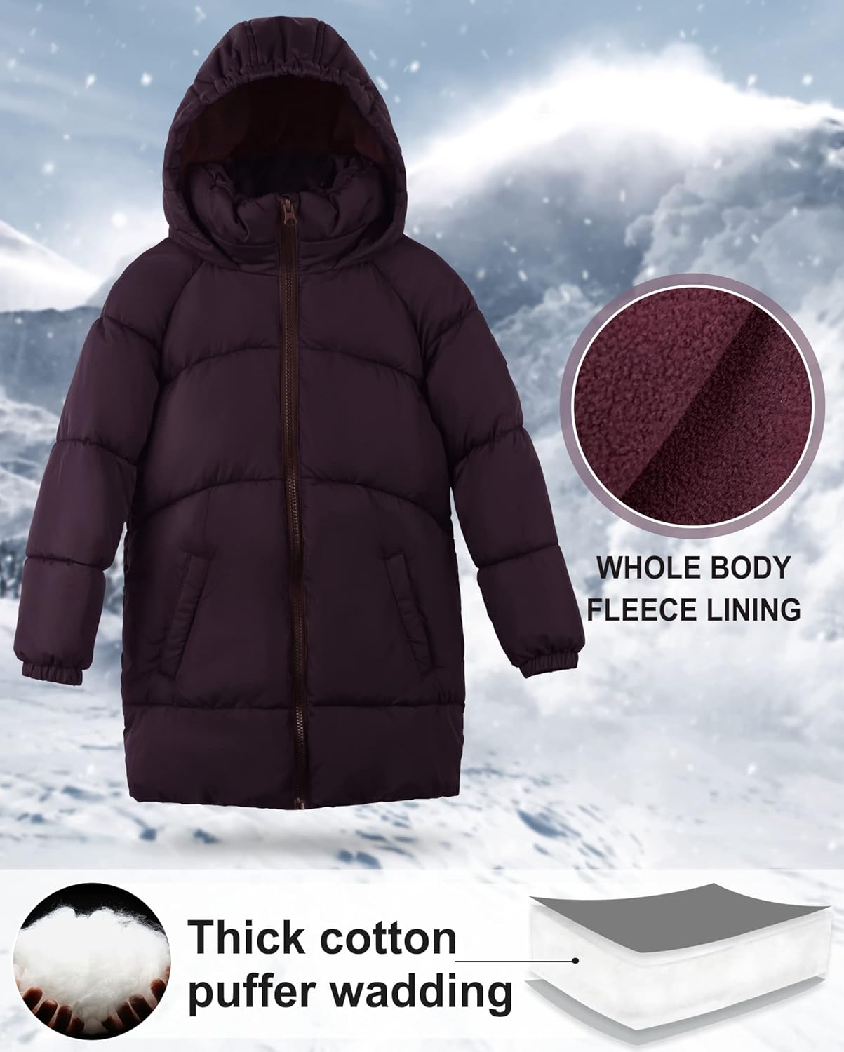 maoo garden Girls Winter Long Puffer Lightweight Coat Thick Padded Soft Fleece Jacket with Hood - Image 4