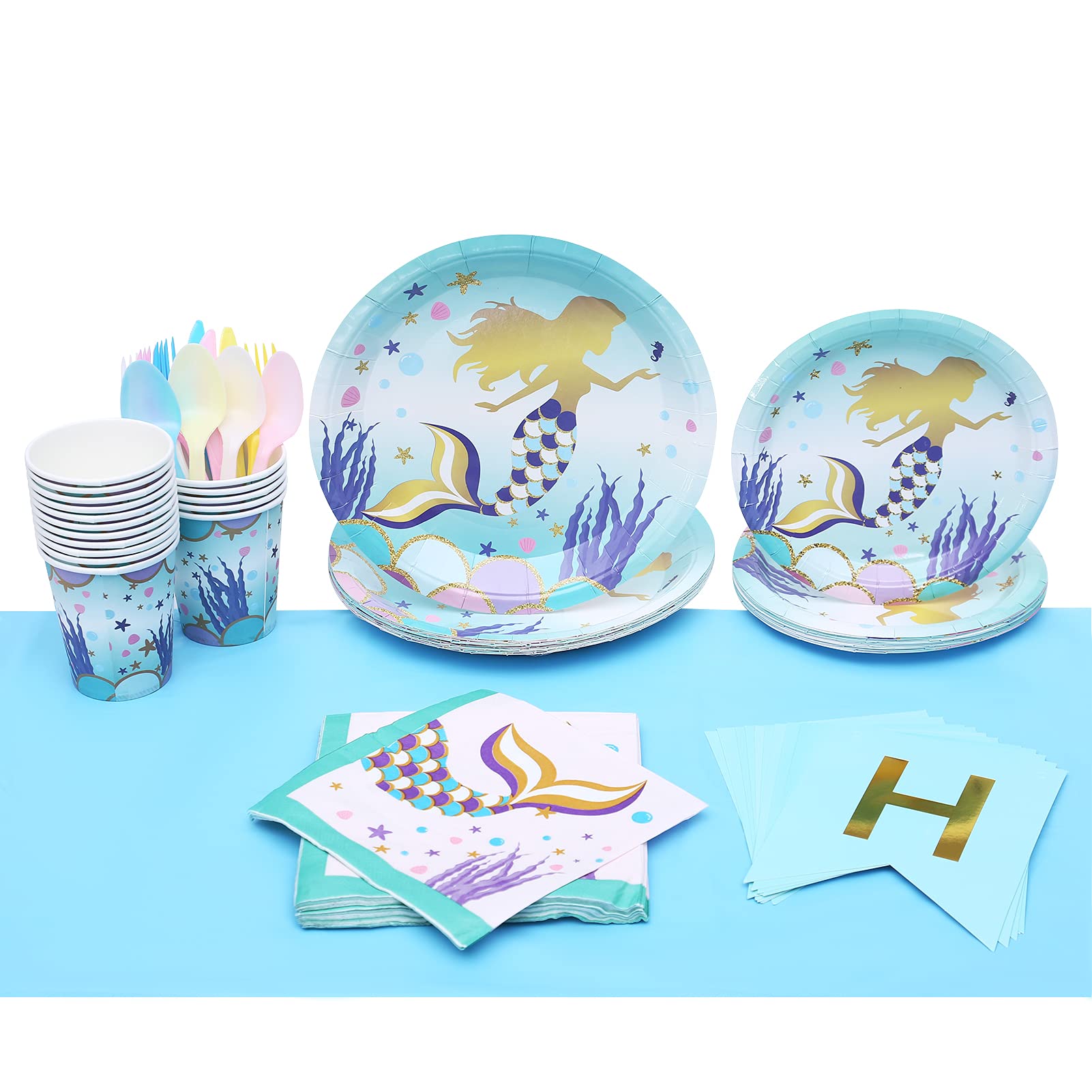 Beauenty 130Pcs Birthday Party Tableware Supplies Set with Banner.Plates.Cups.Napkins.Knifes.Forks.Spoon.invitation cards andTablecloth for Girls Happy Birthday Party-Serves 16 (Mermaid)