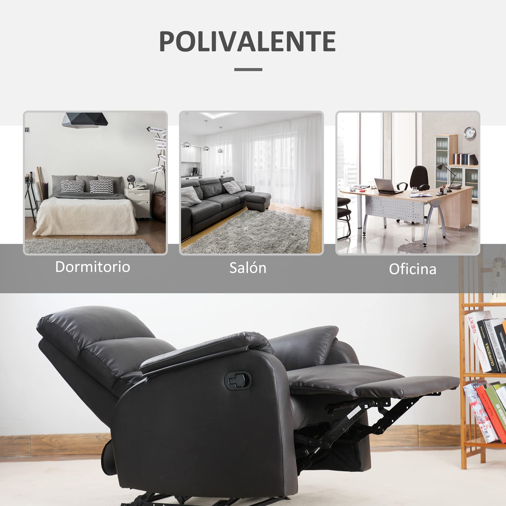 HOMCOM Sillón Relax Reclinable Manual Tapizado en PU con Reposapiés Retráctil Asiento y Respaldo Extra Acolchados para Salón Oficina Dormitorio 75x92x99 cm Marrón