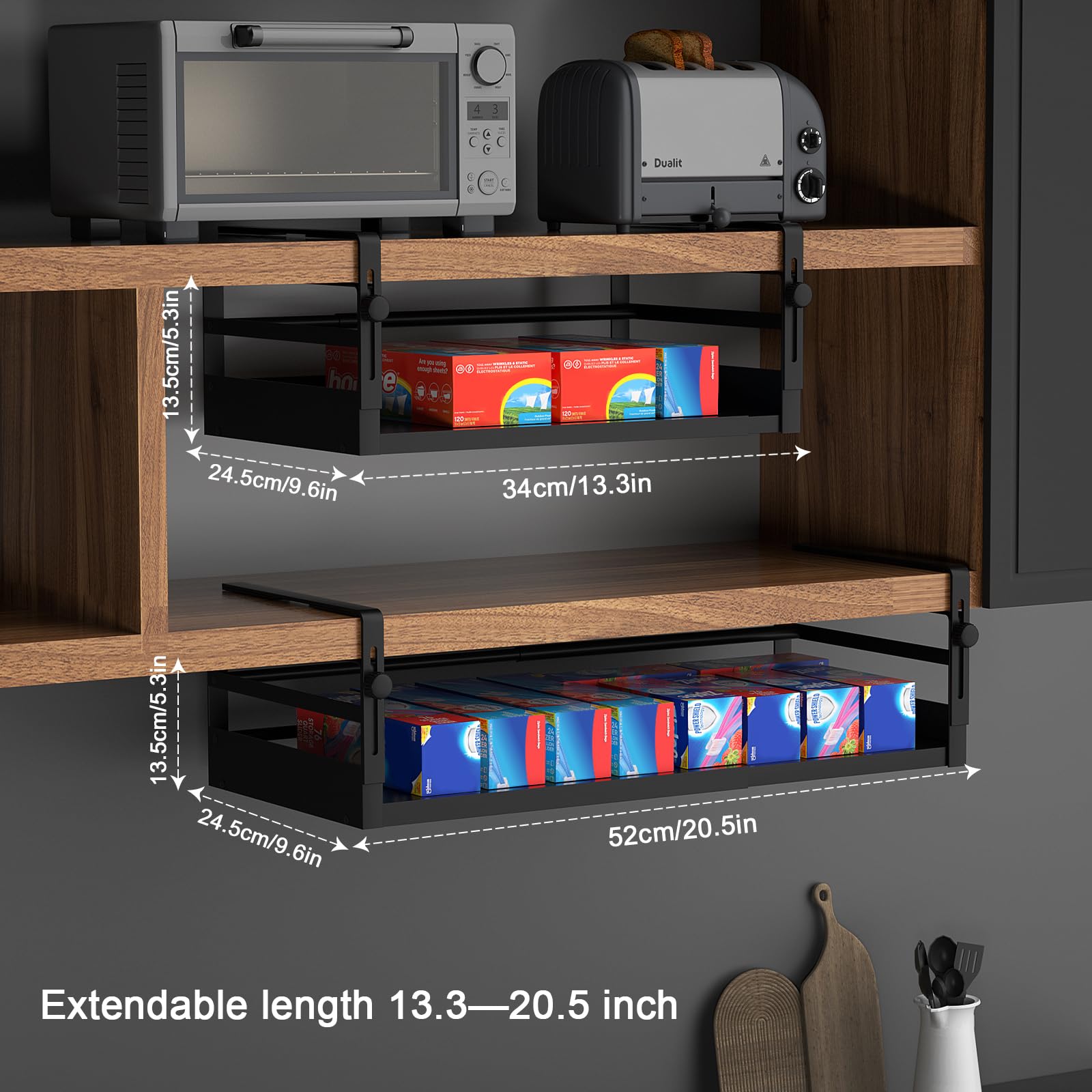 AmonHouseware Regalkorb-Organizer, verstellbar, unter dem Schrank, Hängeregal, Länge dehnbar, 33-53 cm, für Küche, Speisekammer, Schreibtisch, Theke, Bücherregal, Schrank, Schwarz, 2 Stück