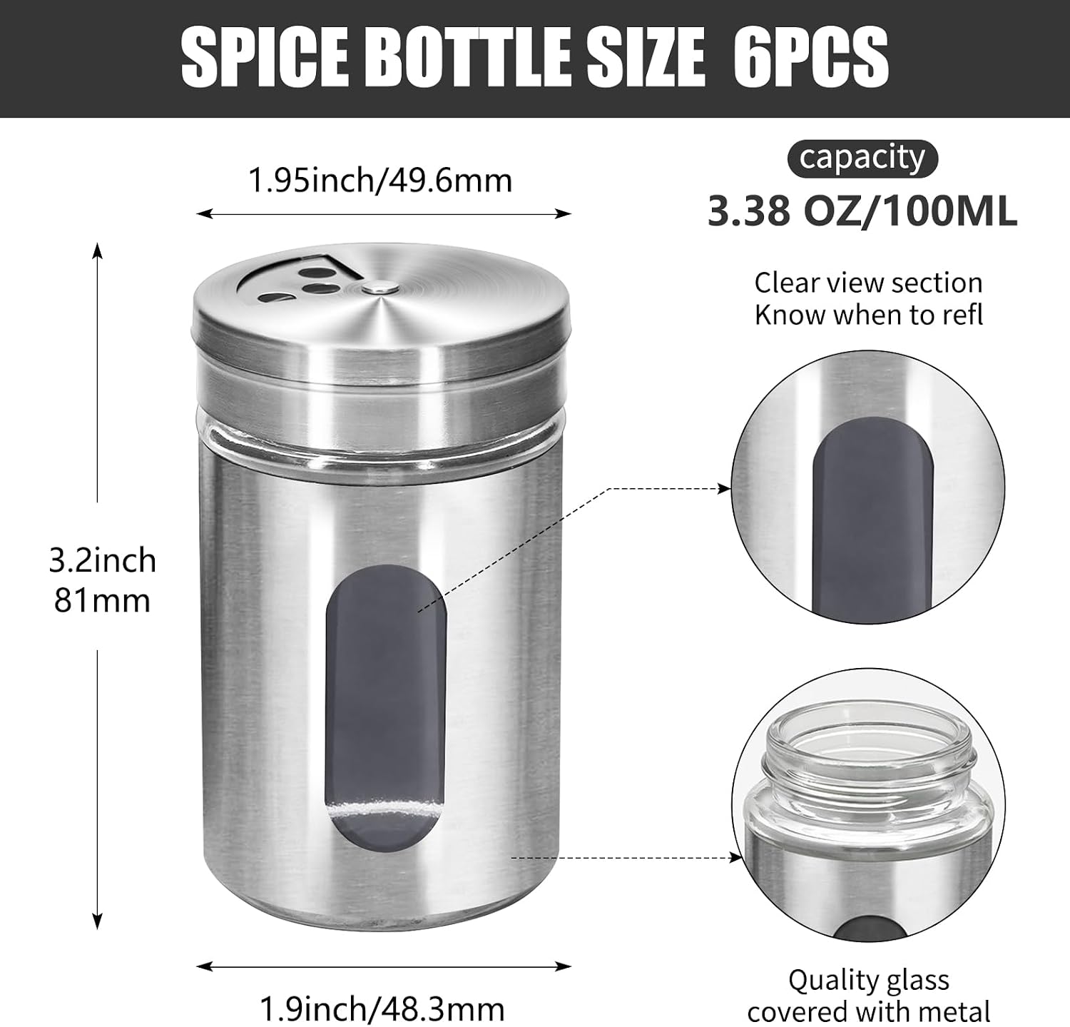 6Pcs 3oz Flour Shaker Container with Adjustable Lid, Small Dredge Shaker, Spice Shakers with Holes, Stainless Steel and Glass Set Salt and Spice Shaker for Kitchen (6, stainless steel)