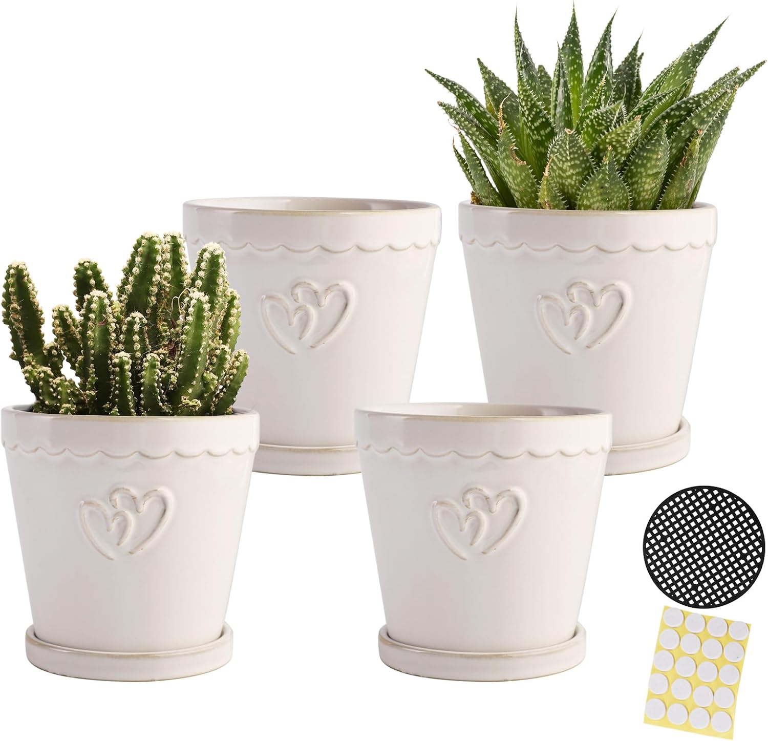 4.5 Inch Ceramic Planter Pots with Saucers, Cylinder Flower Pot with Drainage Holes for Indoor and Outdoor Plants, Succulent Orchid Little Snake Plants, Set of 4, White