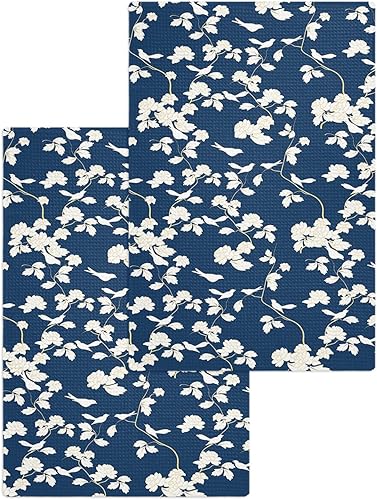Kitchen Towel 2 Packs Cotton Waffle Weave, Plants Birds 16 x 24 Inch Absorbent Quick Drying Dish Towels Clothes for Kitchen Living Room Washable Tea