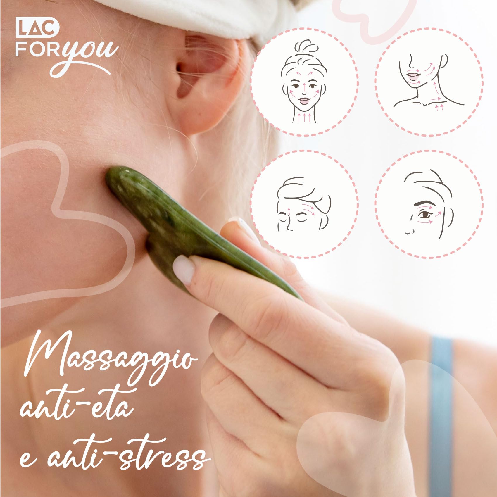 LAC FOR YOU Pietra Gua Sha e Rullo di Giada per il Viso - Roller Massaggio Viso Antirughe - 2 Pz Accessori Skincare Kit