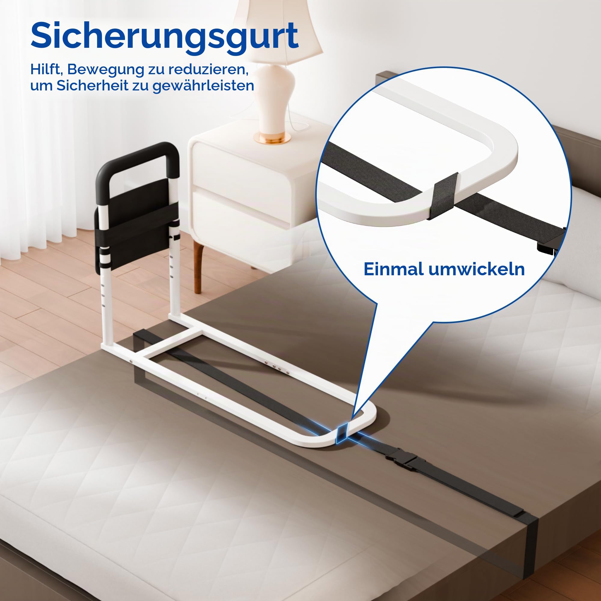 Bettgitter für Erwachsene, höhenverstellbar, Flachrohr-Design, mit Aufbewahrungstasche und rutschfestem Griff, Bettstütze zum sicheren EIN- und Aussteigen, belastbar bis 136 kg