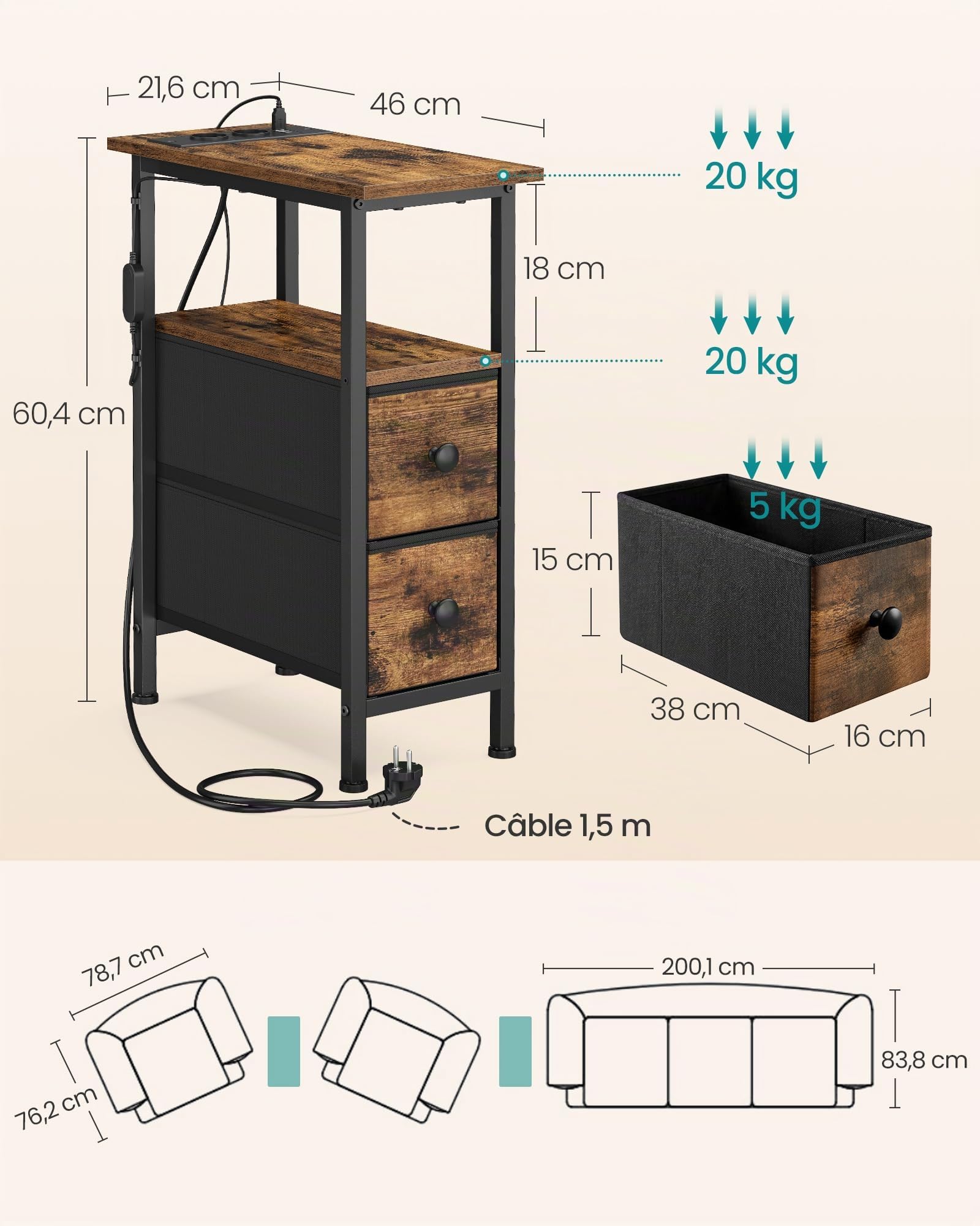 SONGMICS BELLAH Collection - Table d’Appoint, Table de Chevet avec Multiprise Intégrée, Éclairage LED, 2 Tiroirs, Bout de Canapé, Salon, Chambre, Lot de 2, Marron Rustique LGS012K102