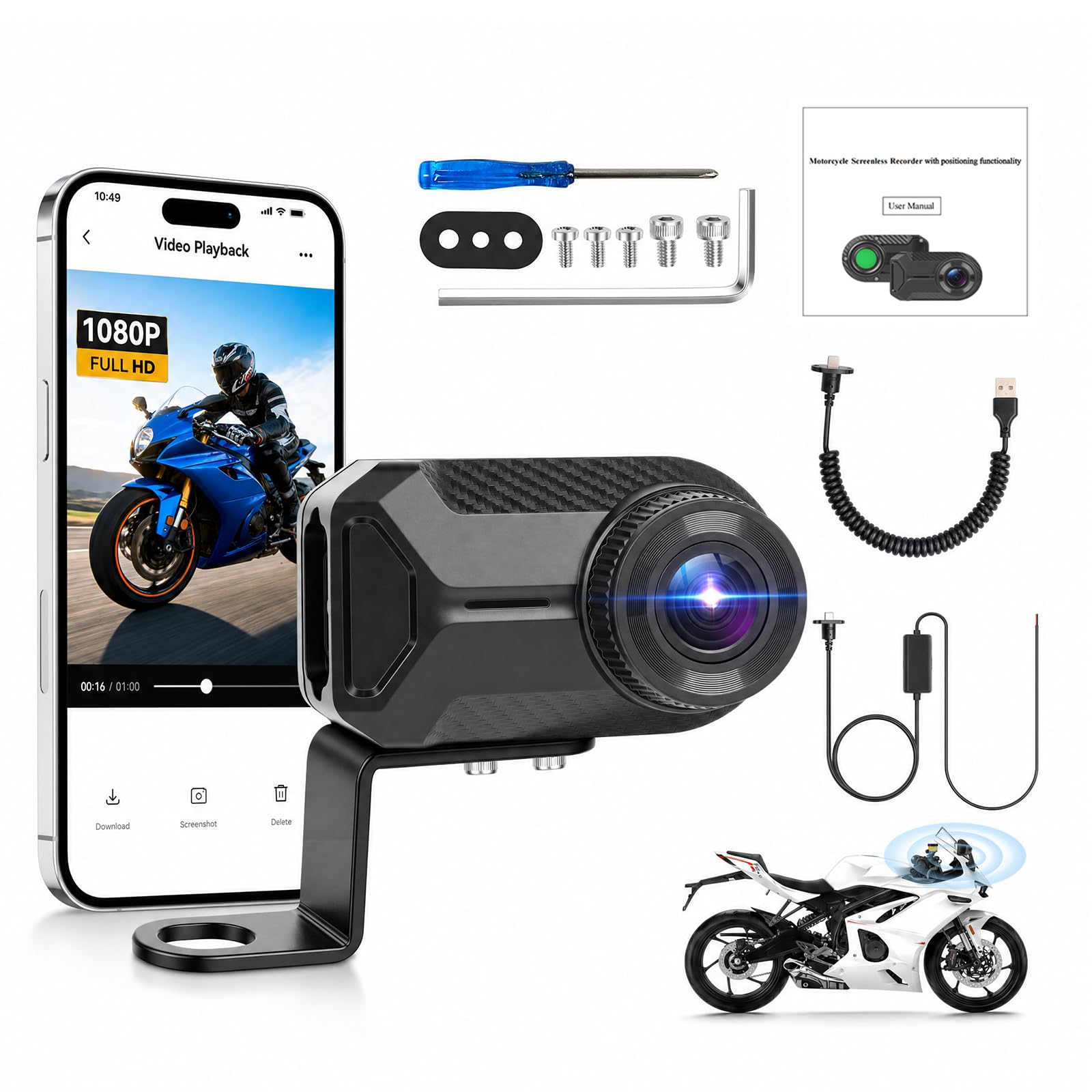Cámara para Salpicadero de Moto Mini 1080P, Cámara Frontal Resistente al Agua (IP66) sin Pantalla, Gran Angular de 110°, App-WiFi (Alertas con pitido -Encontrar el Coche), Grabación en Bucle