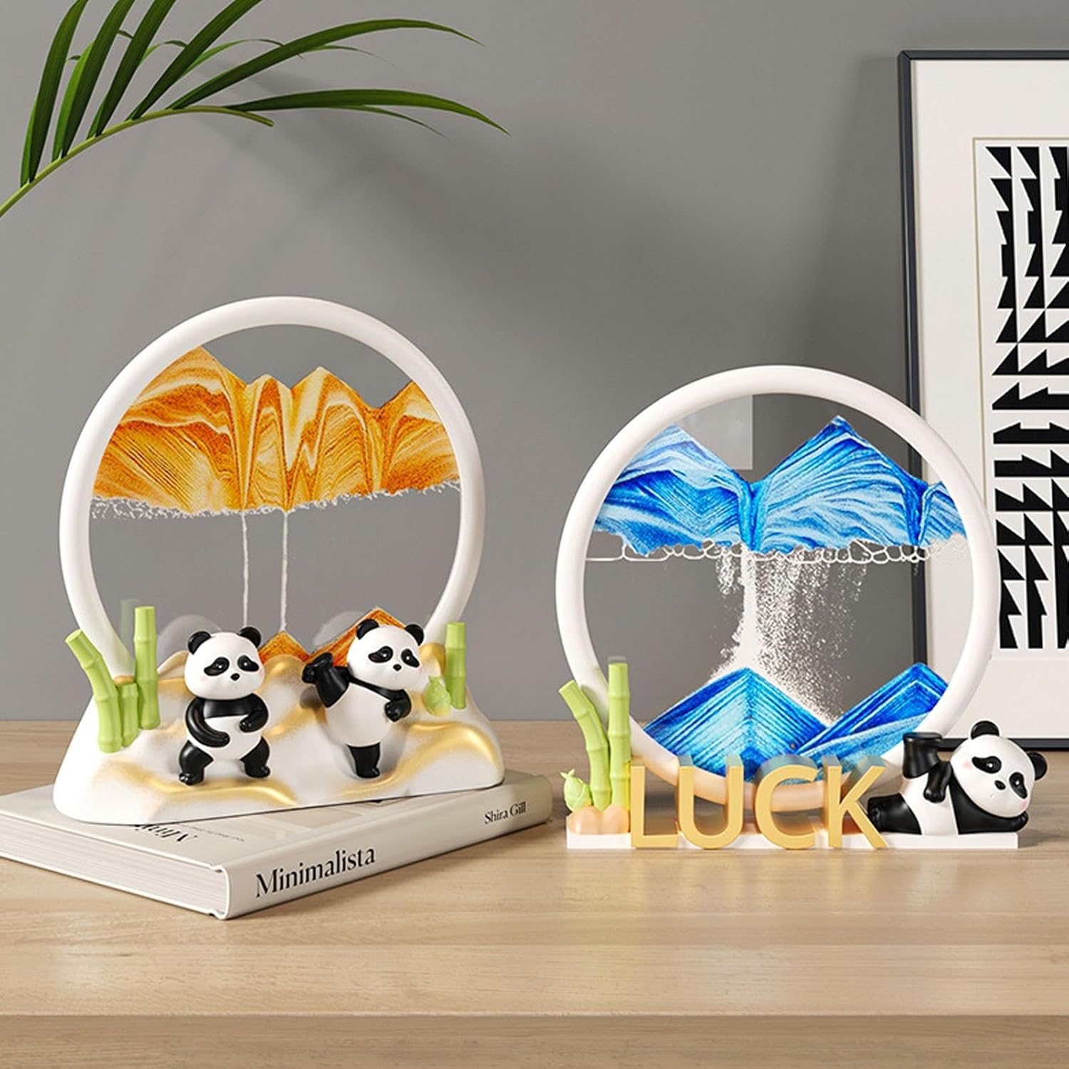 Panda Moving Sand Art Picture, Sandscapes Desktop Art Crafts, 3D Deep Sea Sandscape in Motion Display Flowing Sand Frame, Relaxing Desktop Home Office Work Decor for Holiday Housewarming Gifts ( Color